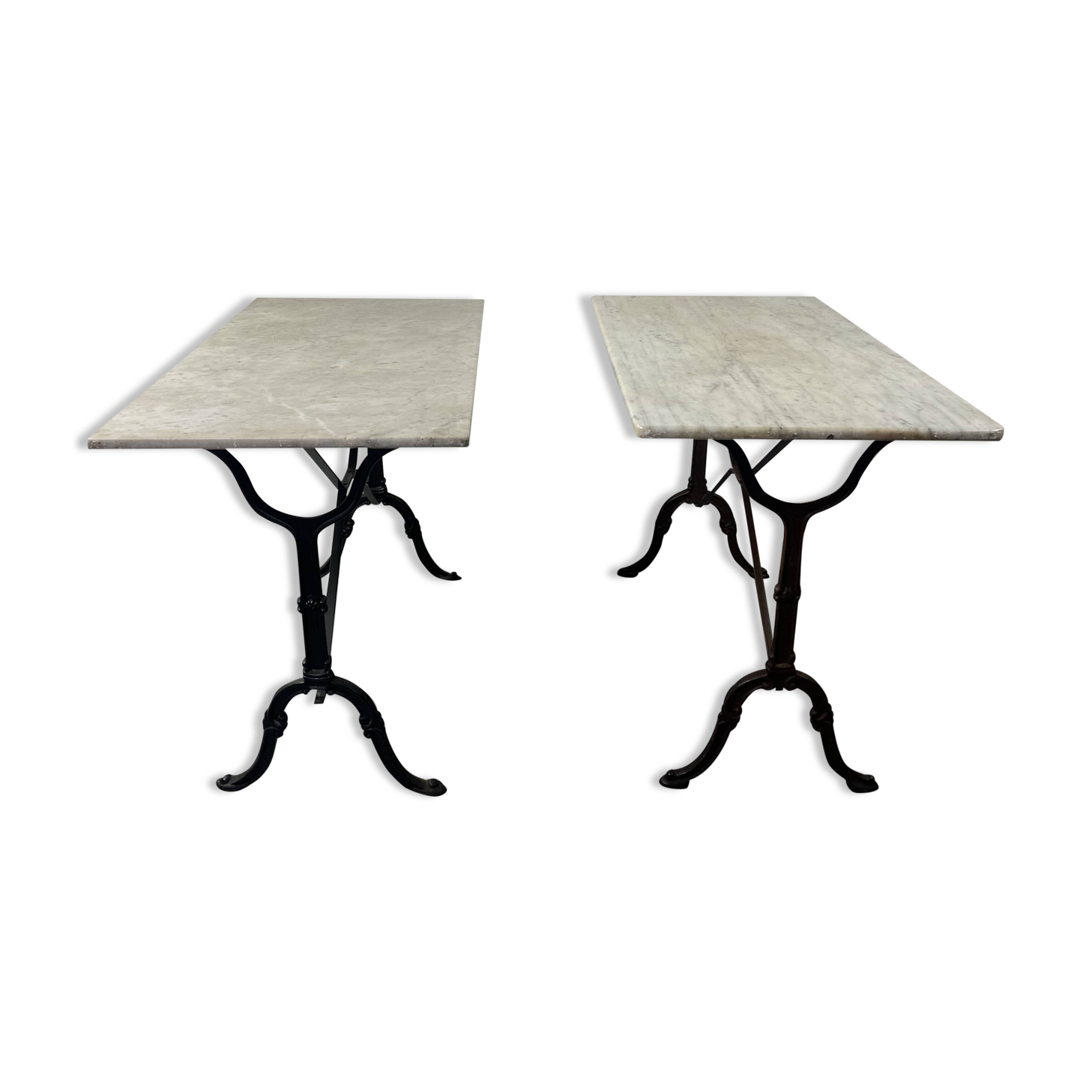 Set of two bistro tables in marble and wrought iron