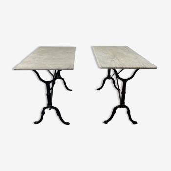 Set of two bistro tables in marble and wrought iron