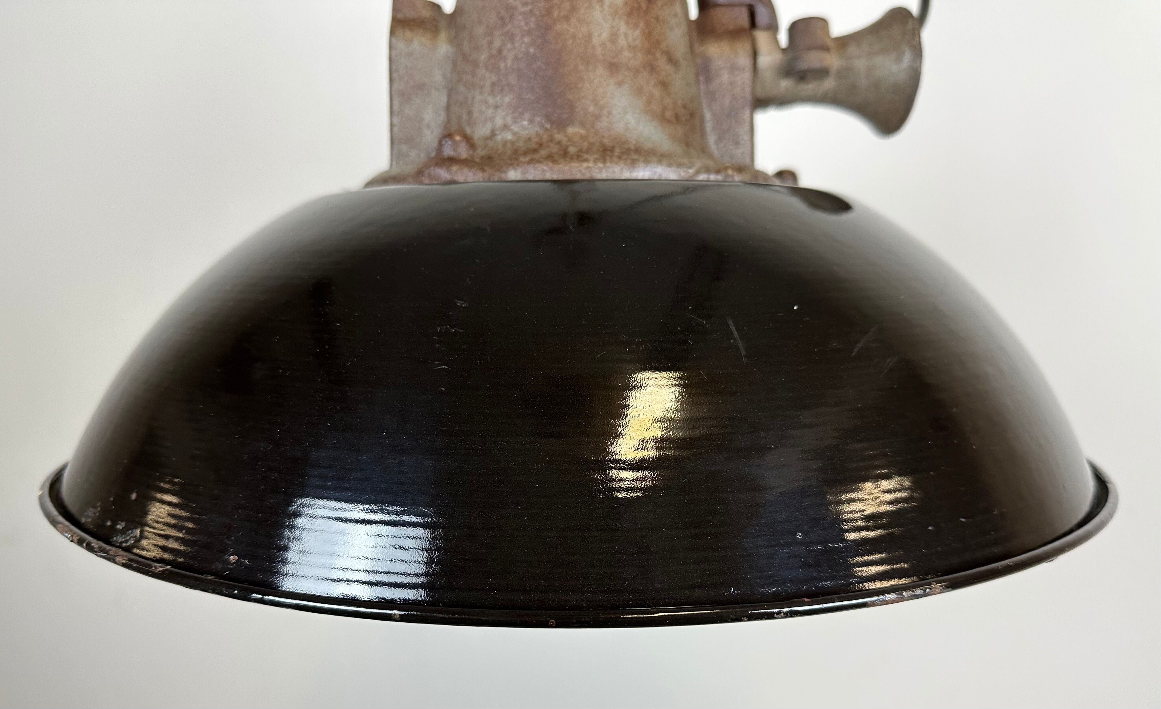Black enamel and cast iron industrial cage pendant light, 1950s