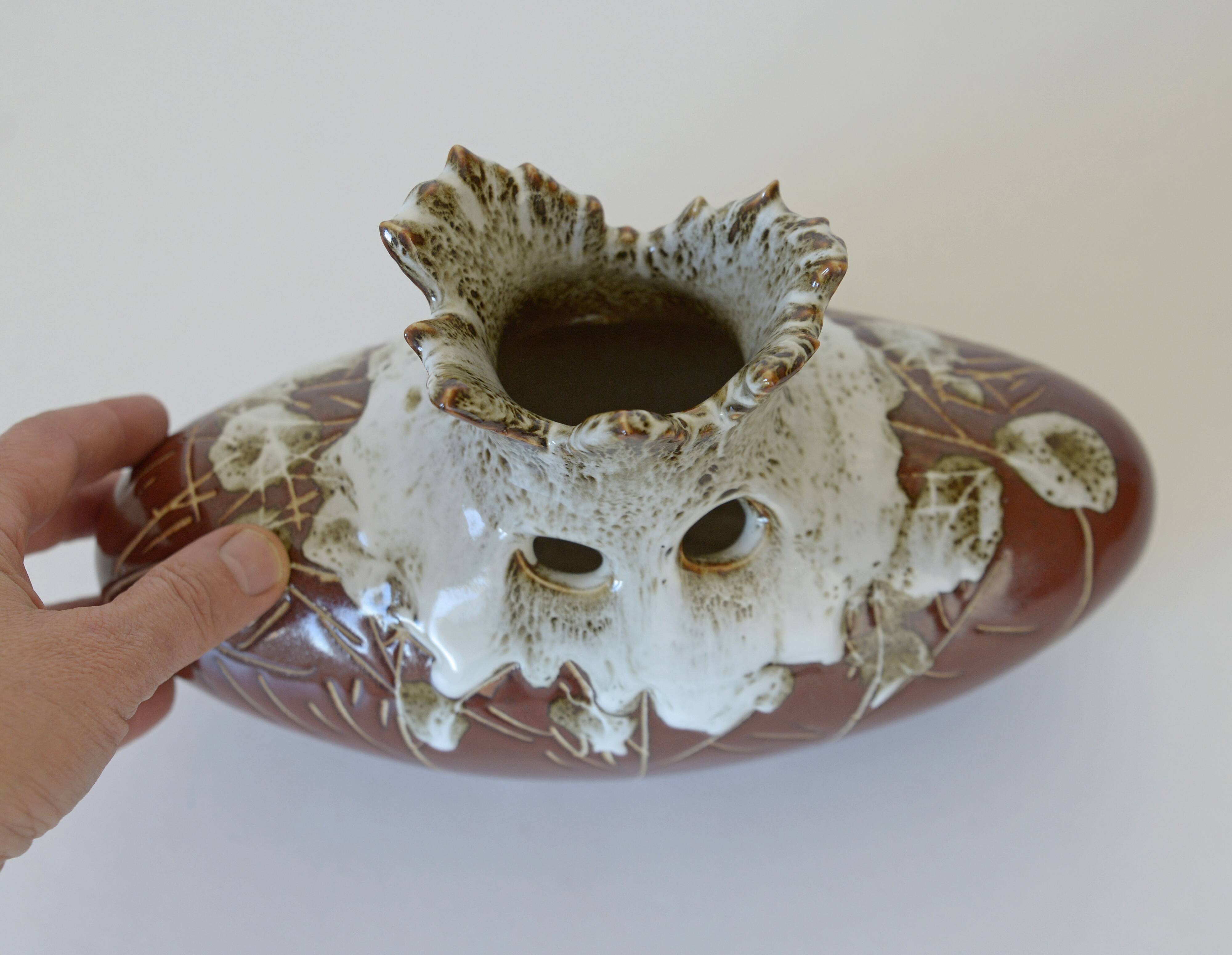 Vintage Brown Bud Fat Lava Ceramic Flower Art Vase Handmade Home Decor 1970