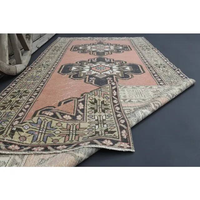 Vintage Turkish Oushak handmade wool cotton brown runner rug 143x347