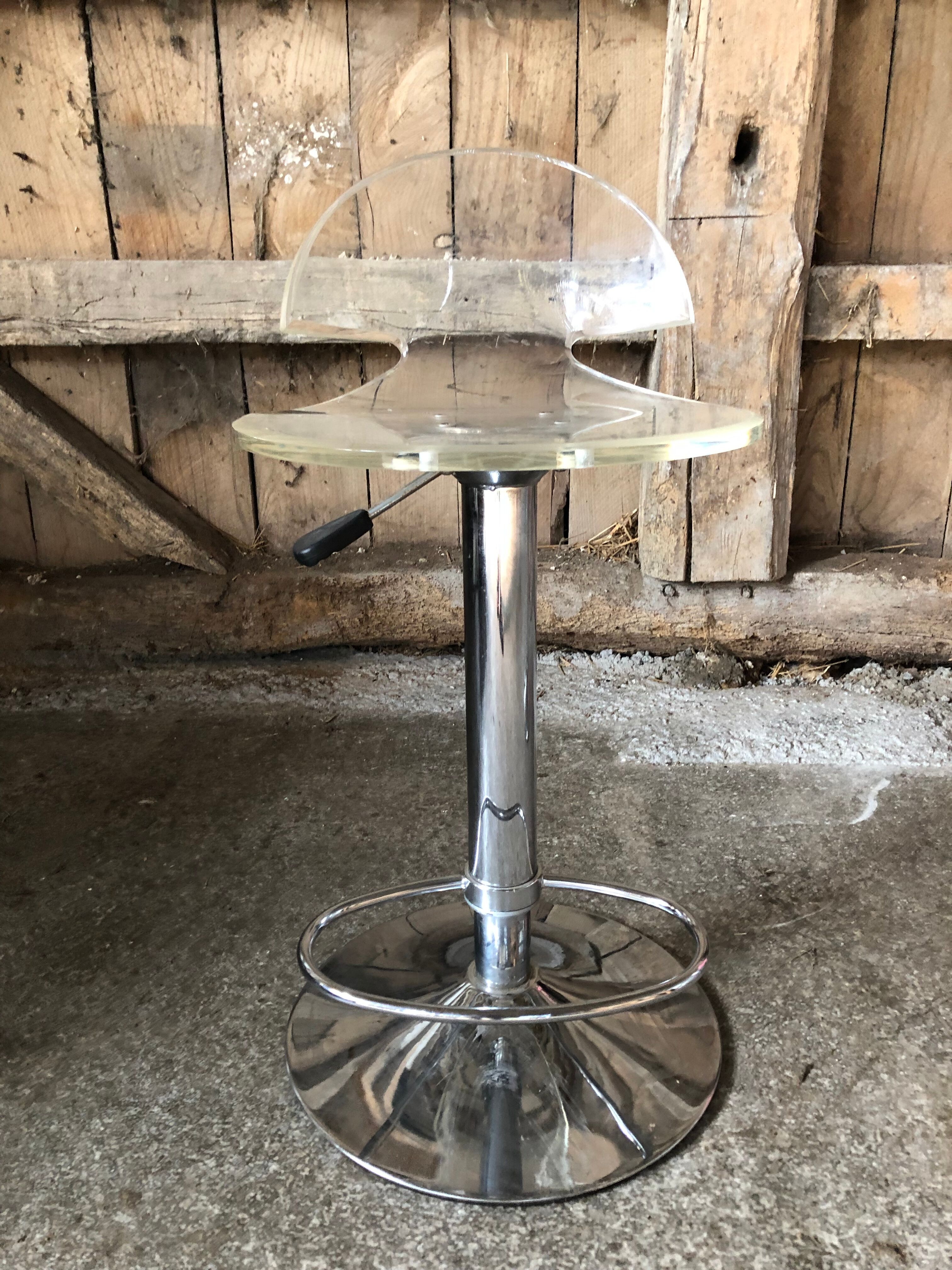 Pair Stool Foot Bar Tulip Metal Chrome + Seat Plexi Transparent Vintage