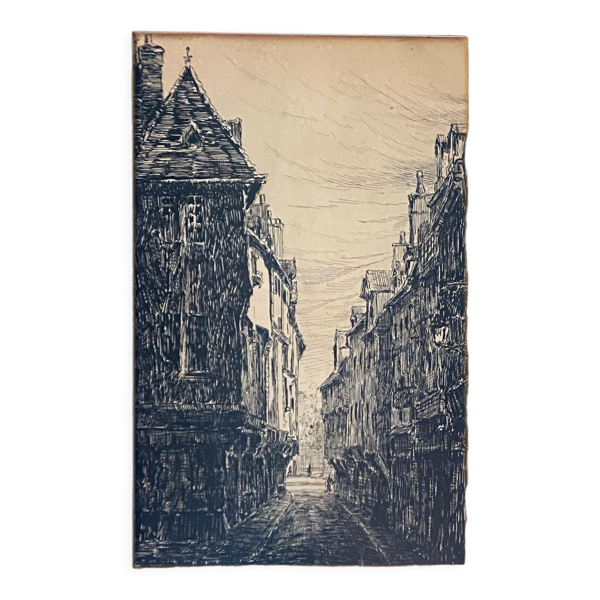 Tableau ''Rue verrerie Dijon vers 1880'' par Paul Deval Dessin à l'encre