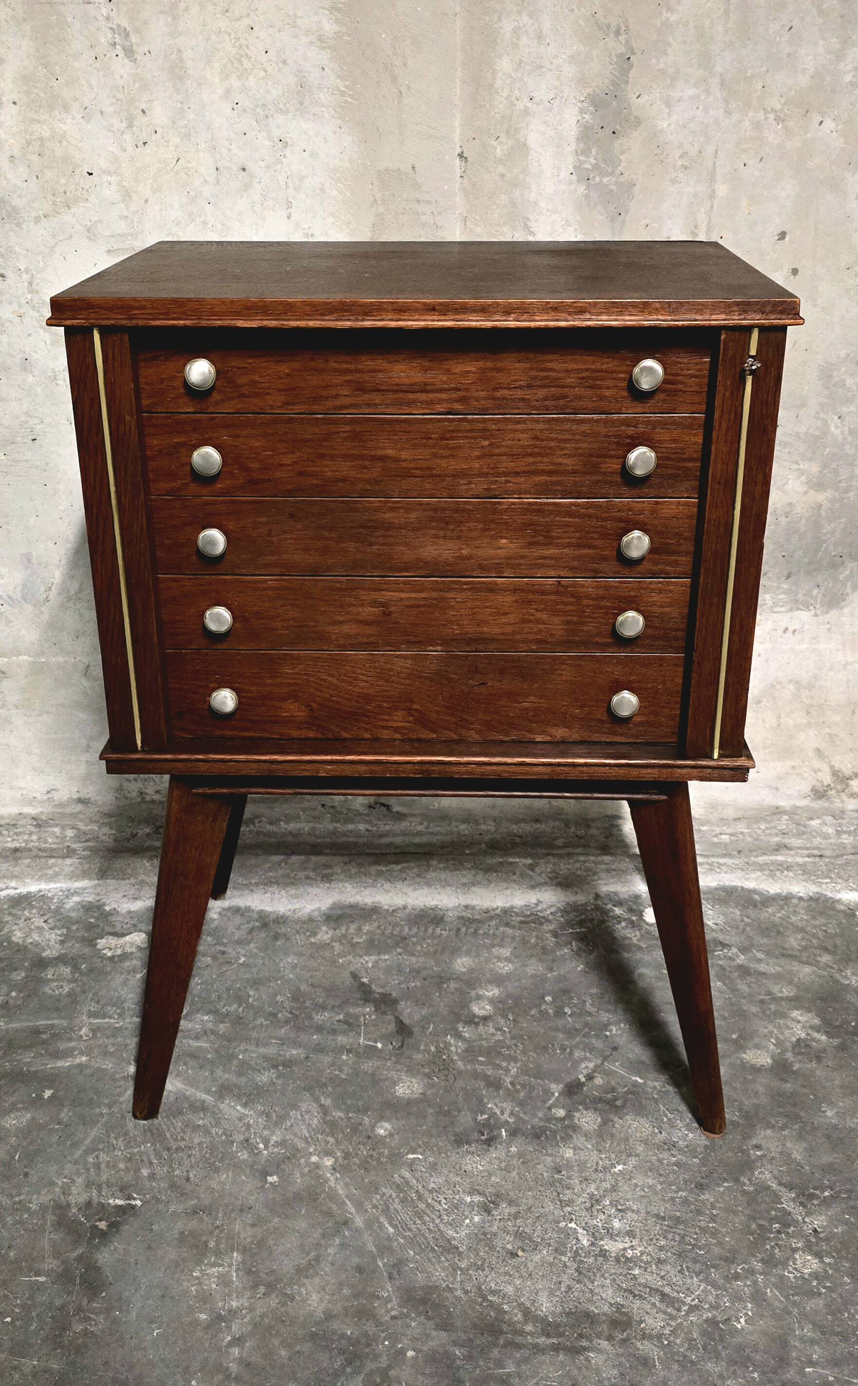 Empty silverware cabinet / vintage cutlery cabinet on tapered legs – year