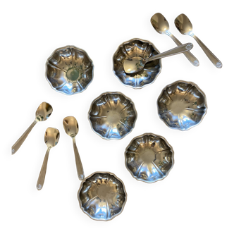 Vintage ice cream service, stainless steel cups and spoons