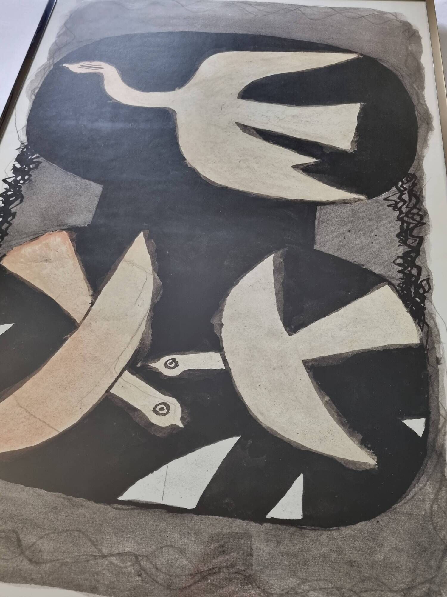 "Three Red Birds", vintage reproduction after Georges Braque, framed under glass, 97 x 67 cm