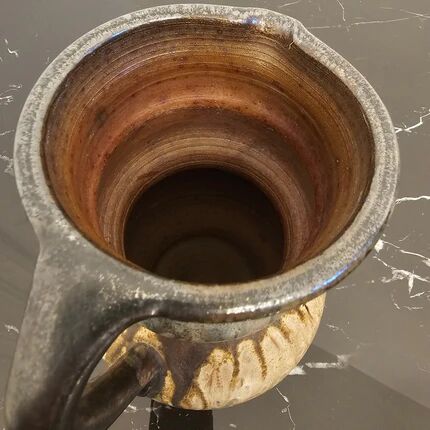 Decorative pitcher or vase in signed stoneware, beige and brown - rustic art style.