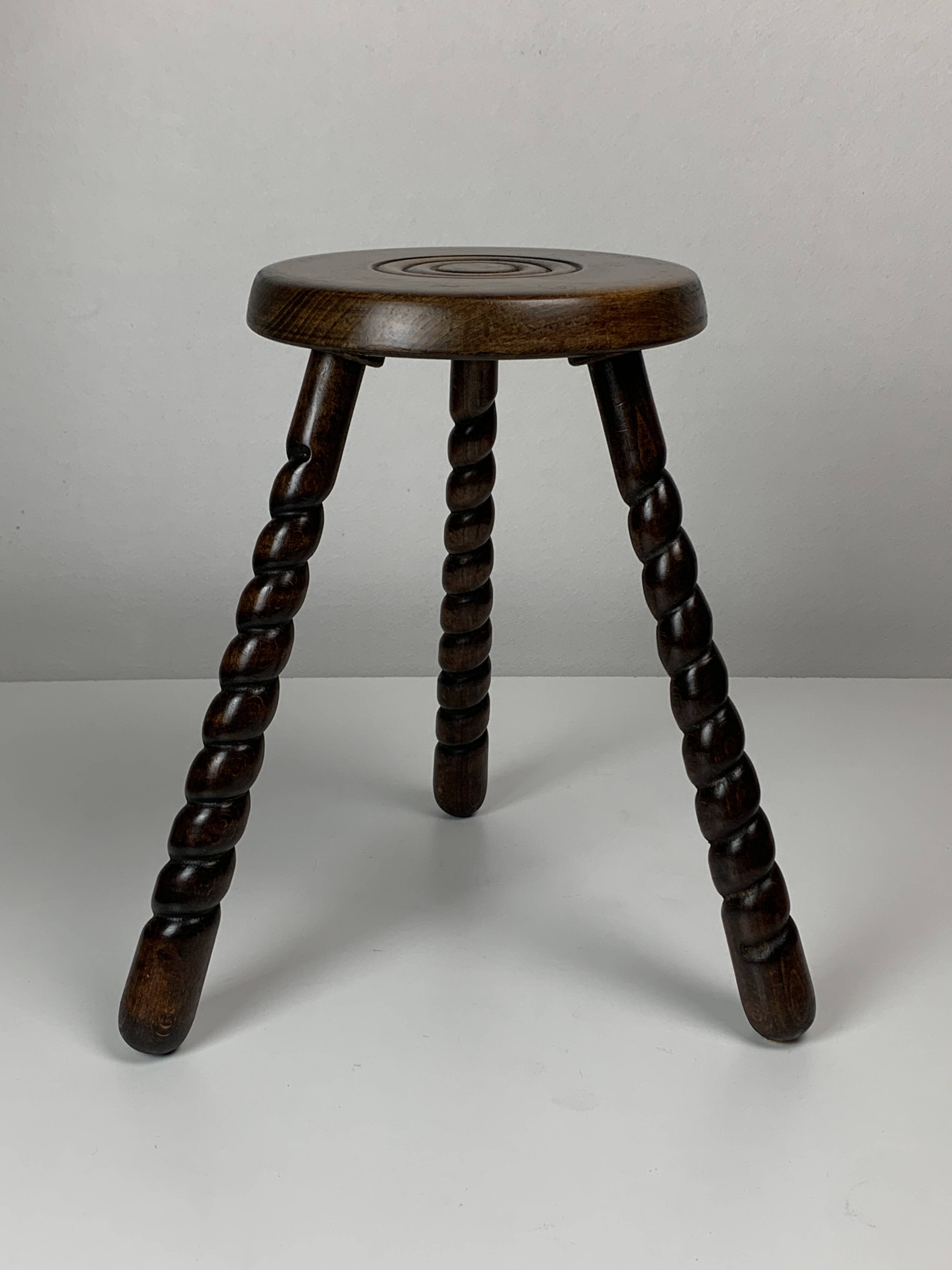 Pair of 2 midcentury brutalist modernist wood turned stools, ca 1950s