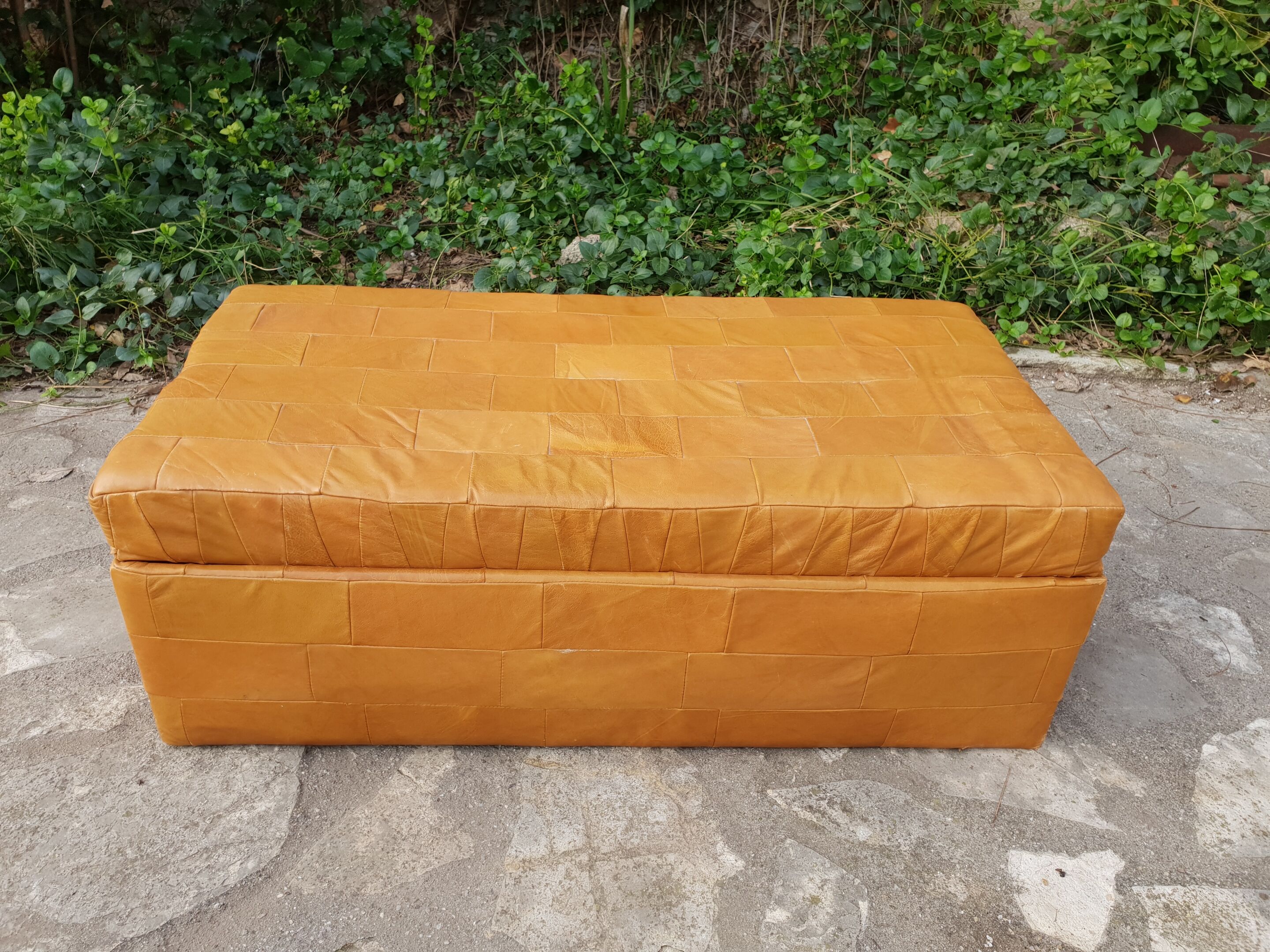 1970 leather patchwork chest bench