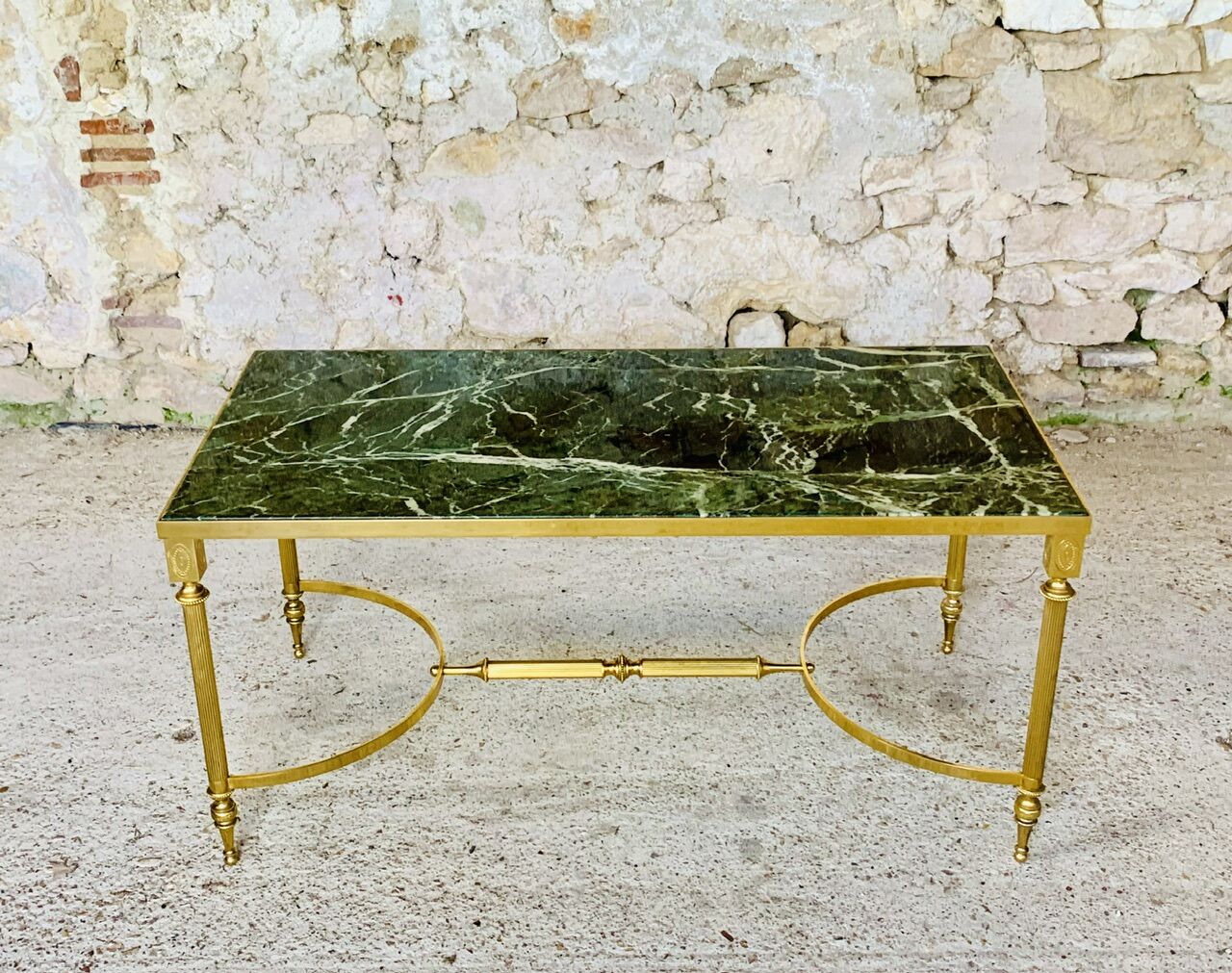 Mid-century coffee table in green marble and brass, 1960s