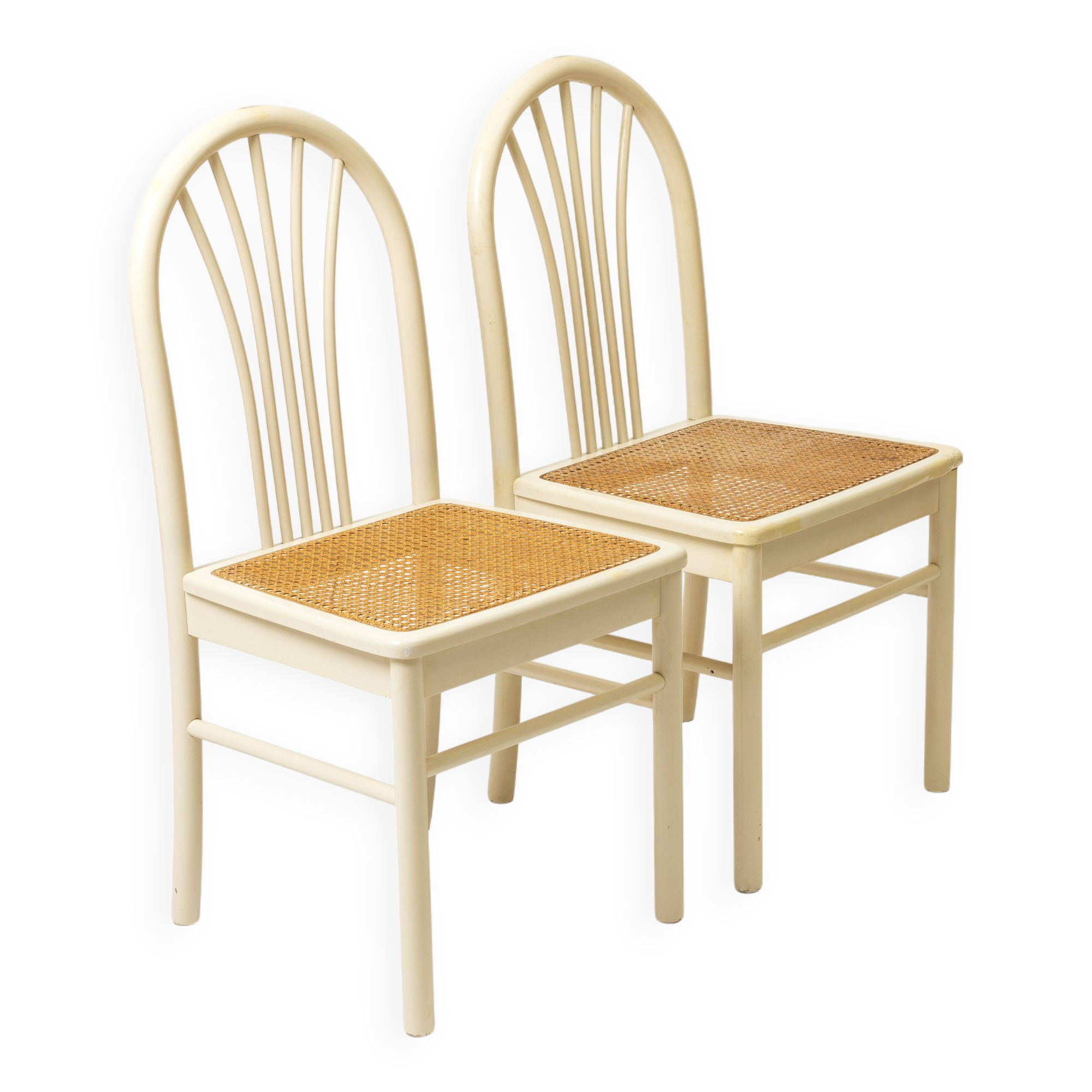 Set of 2 postmodern dining chairs in white painted wood and cane, 1980s