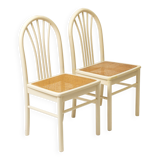 Set of 2 postmodern dining chairs in white painted wood and cane, 1980s