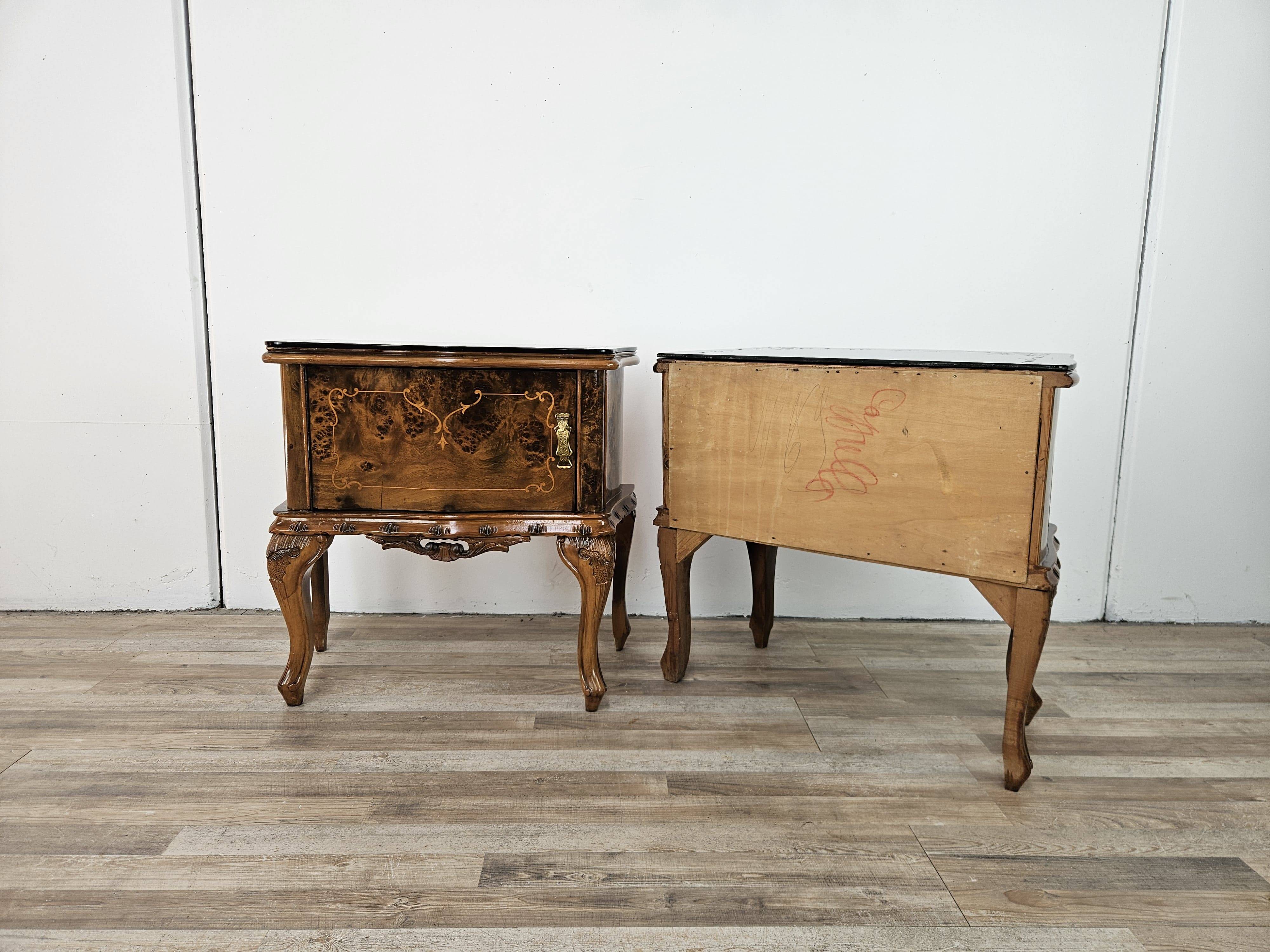 1950s Chippendale bedside tables with black glass