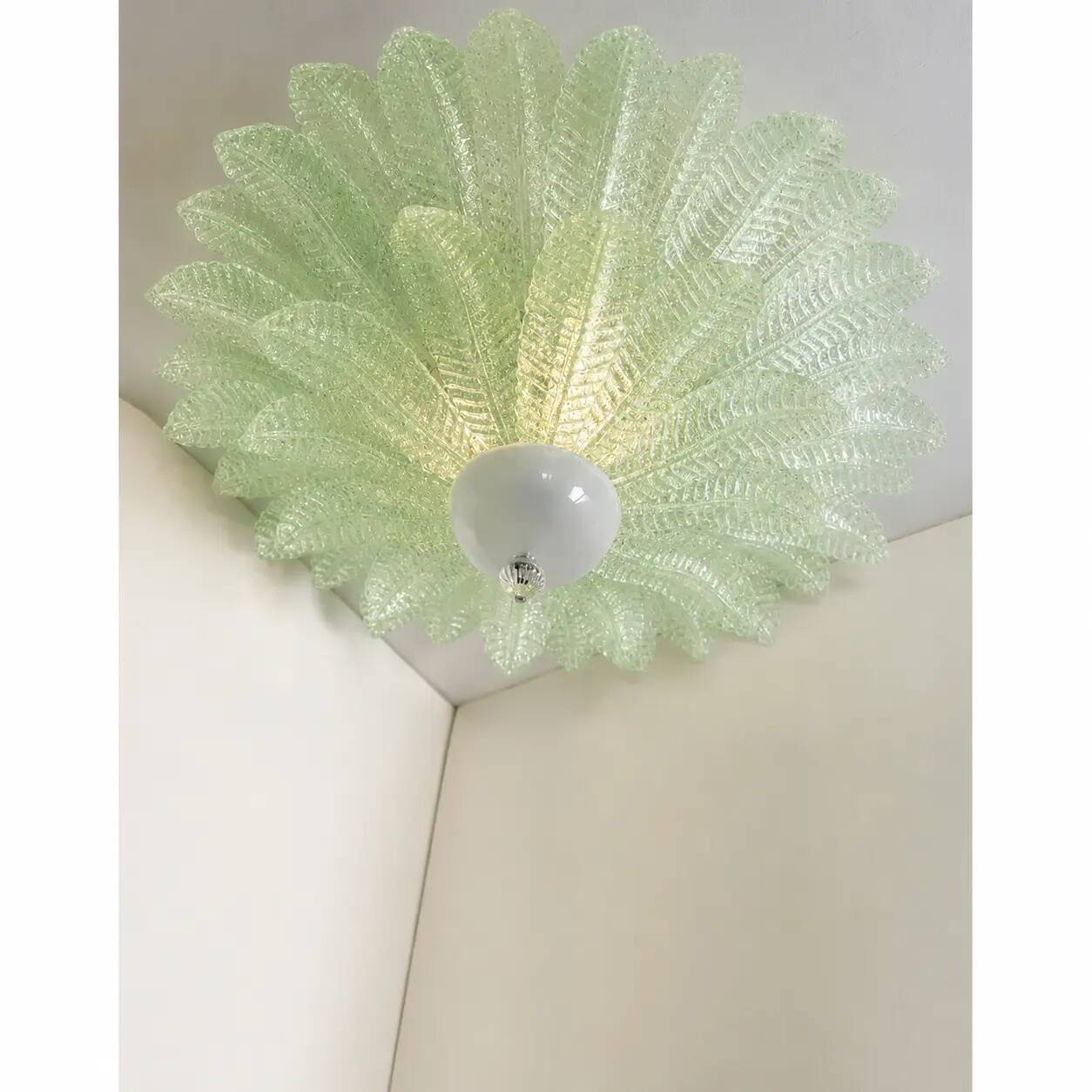 Venetian Leaves Flush Mount in Green Murano Glass by Simoeng