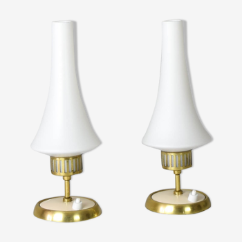 Mid-Century Scandinavian Modern Brass and Opaline Table Lamps and Chandelier