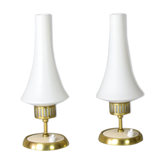 Mid-Century Scandinavian Modern Brass and Opaline Table Lamps and Chandelier