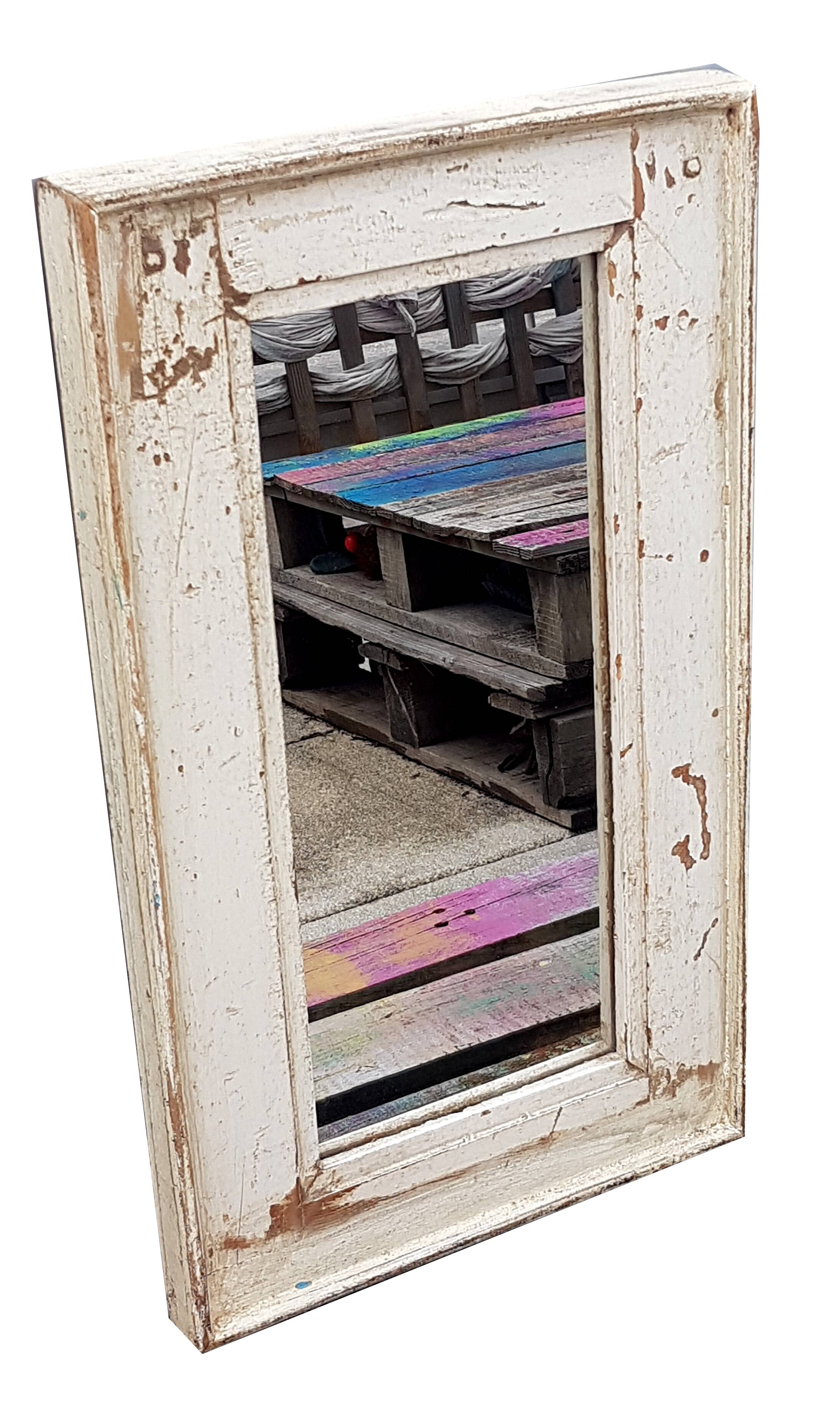 White Mirror Old Teak Wood Patina