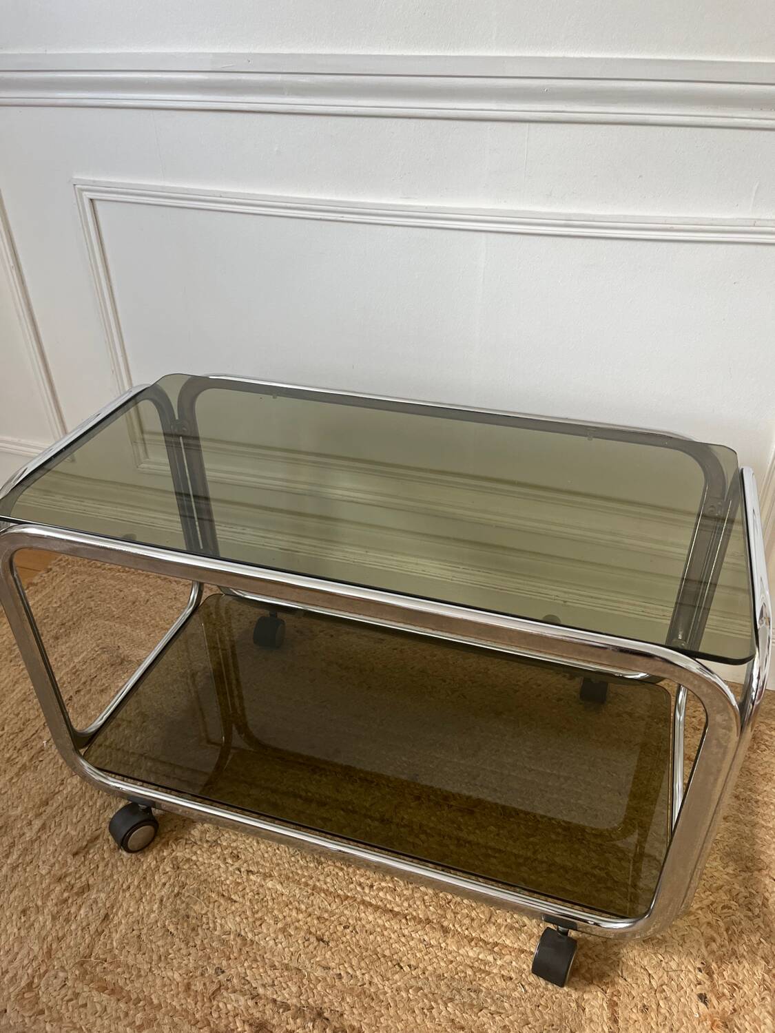 Rolling serving cart in chromed steel and smoked glass, 70s design