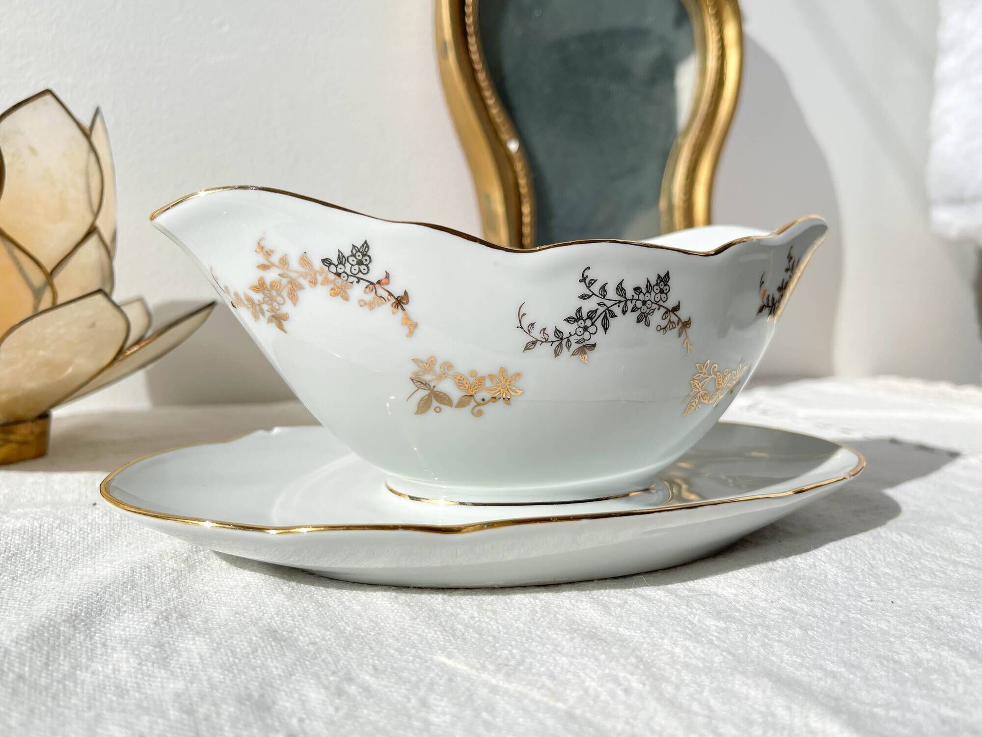 J&Ciem France 1950 white gilded porcelain sauce boat with floral pattern