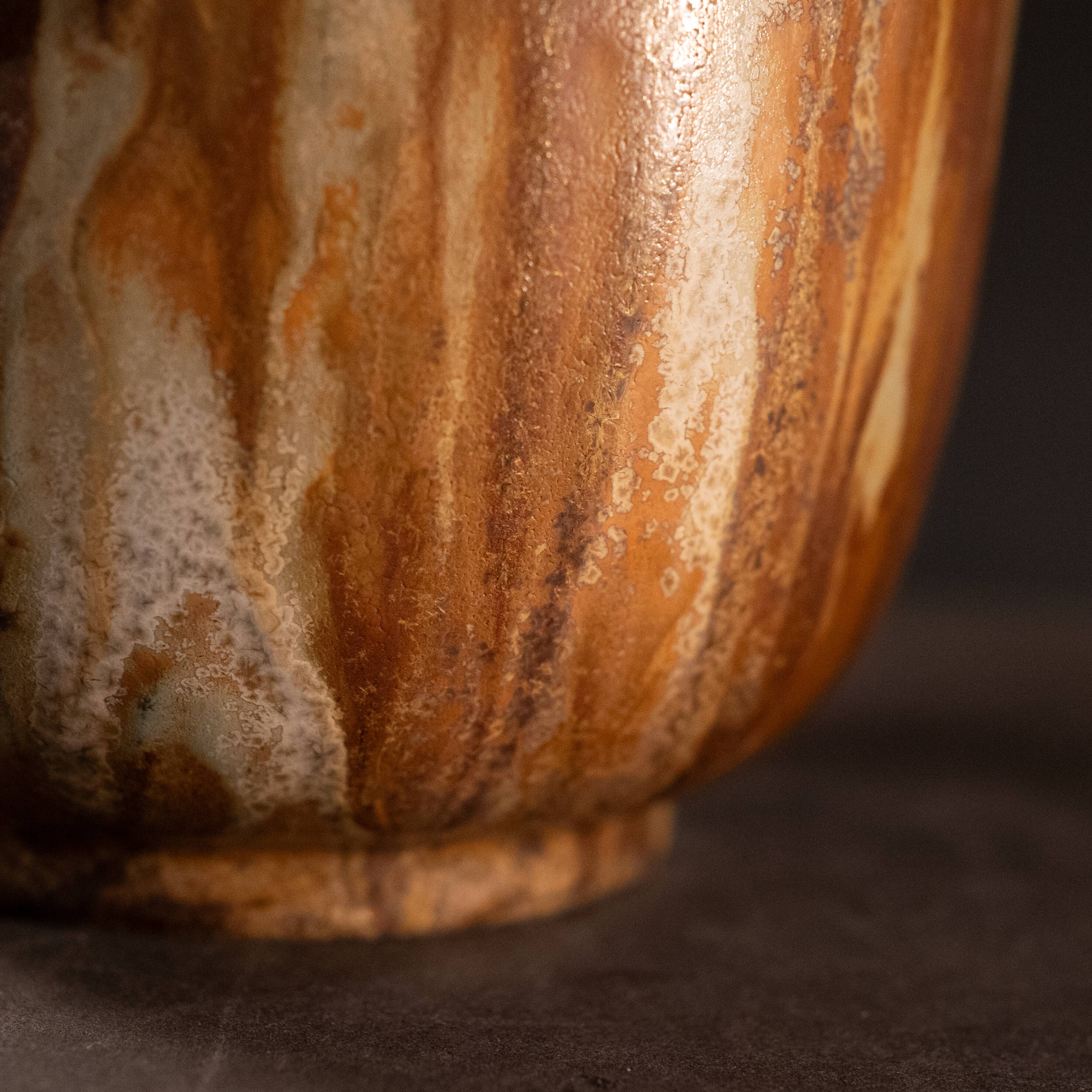 stoneware shell vase, wrought iron frame, roger guerin & francois carion, bouffioulx ca 1920