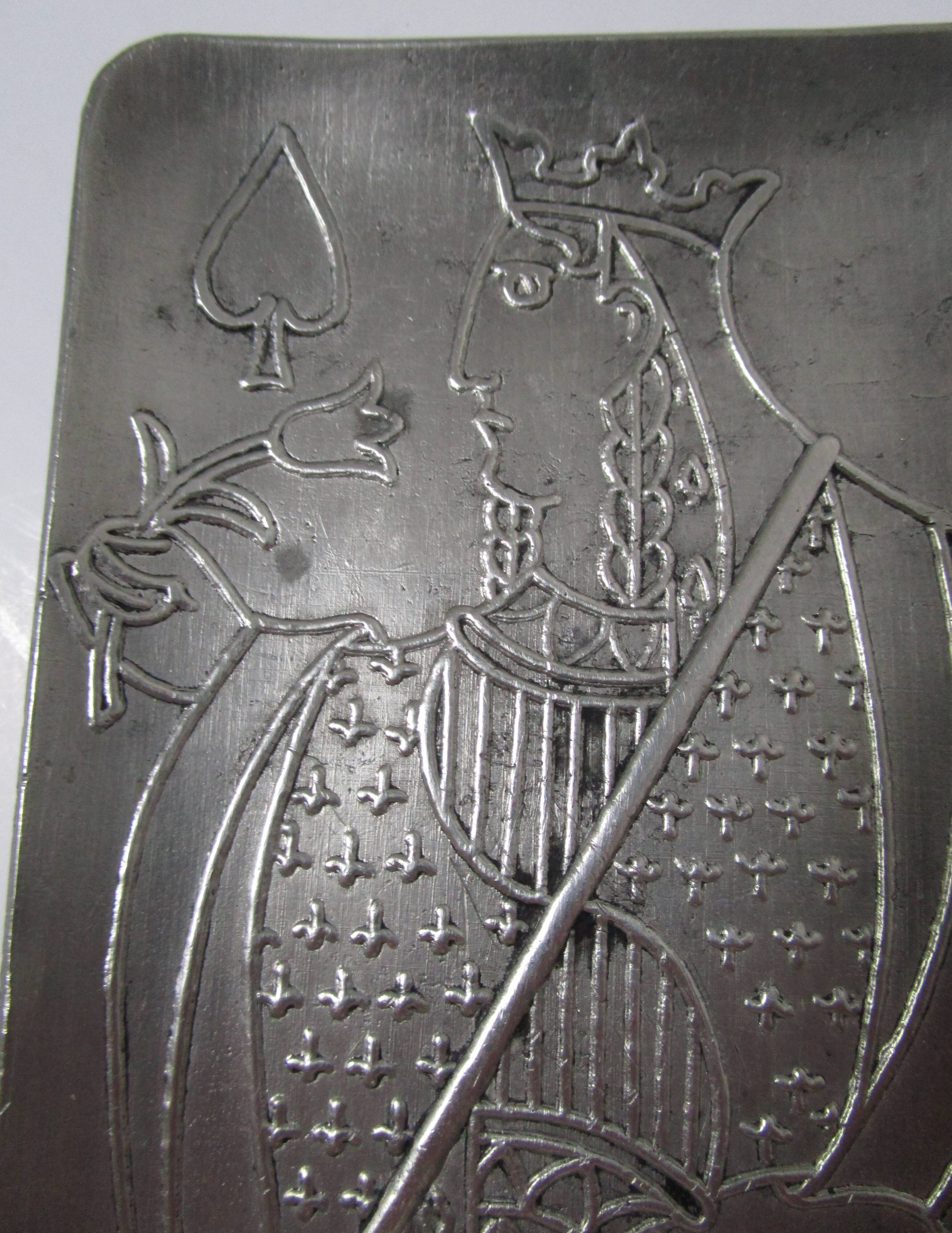Lady of Spades pocket tray by JM Valette, signed, metal, 1960s.