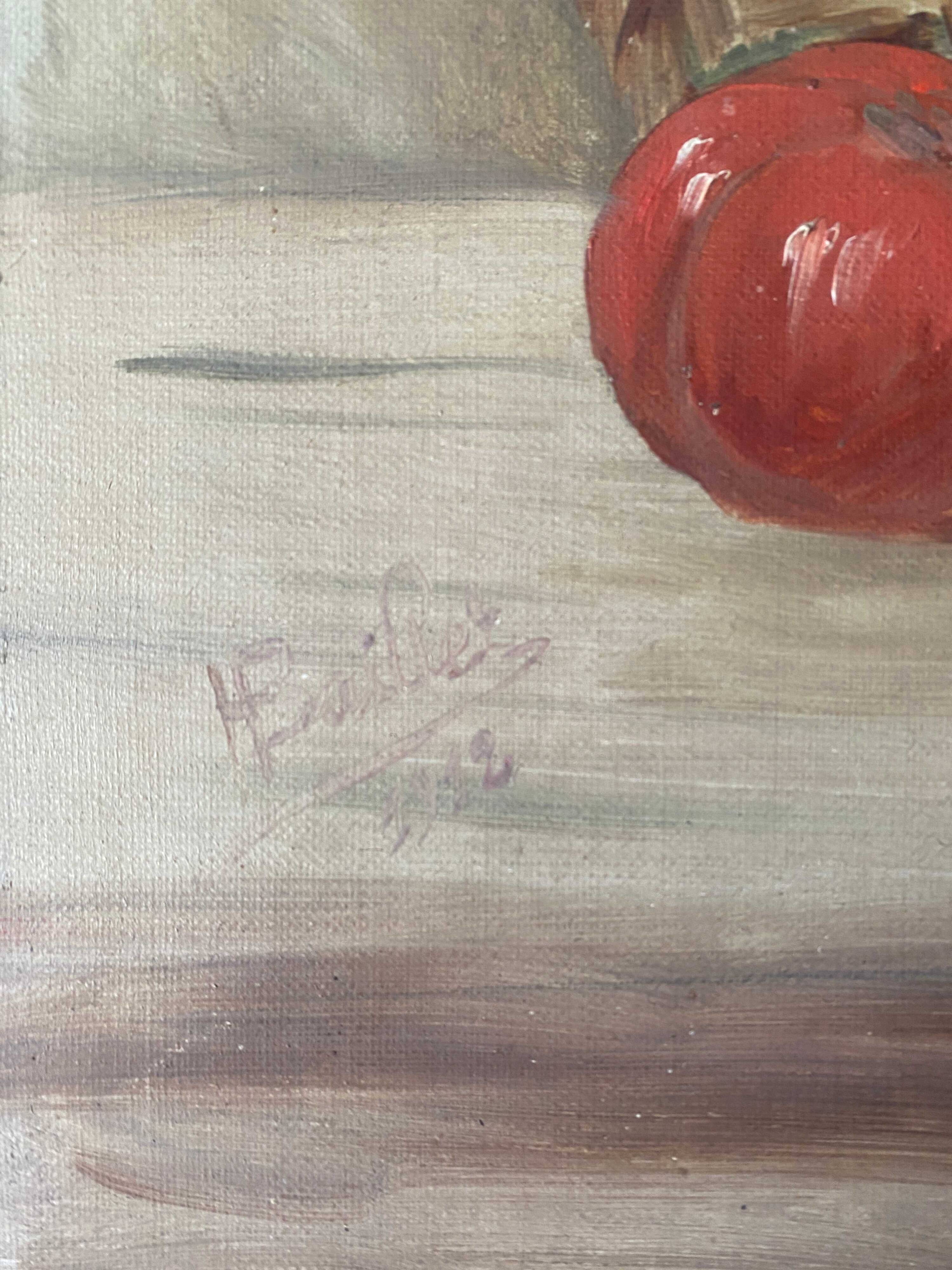 HST painting "Still life with basket and pike" signed H. Baillet 1912