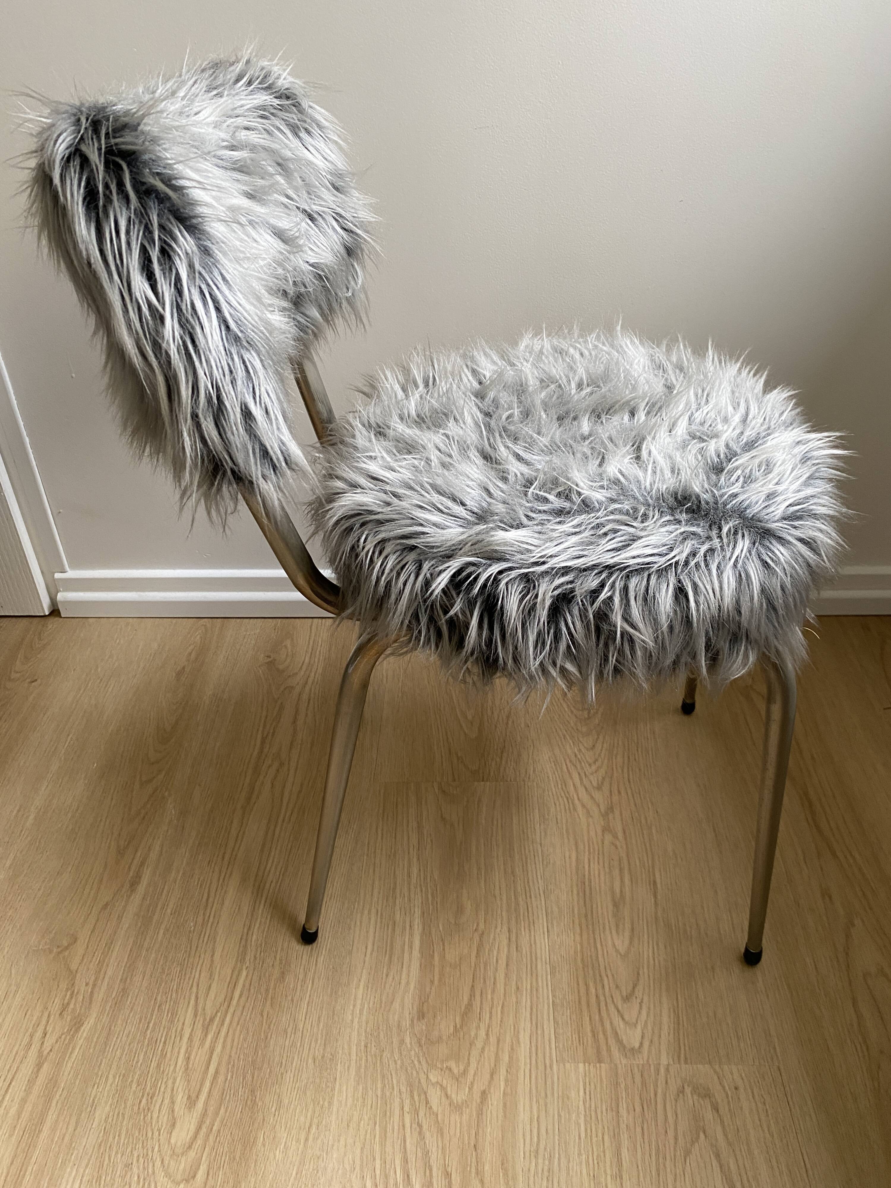 Vintage chair, gray long-haired synthetic fur