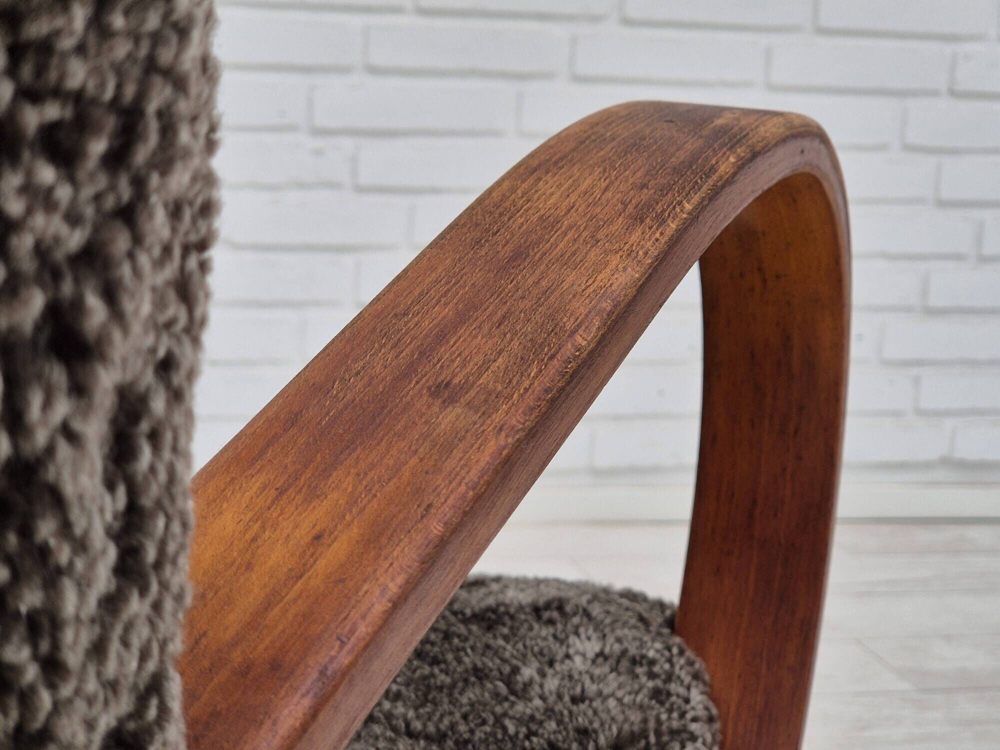 1950s, Danish design, reupholstered armchair, genuine sheepskin "Wellington".