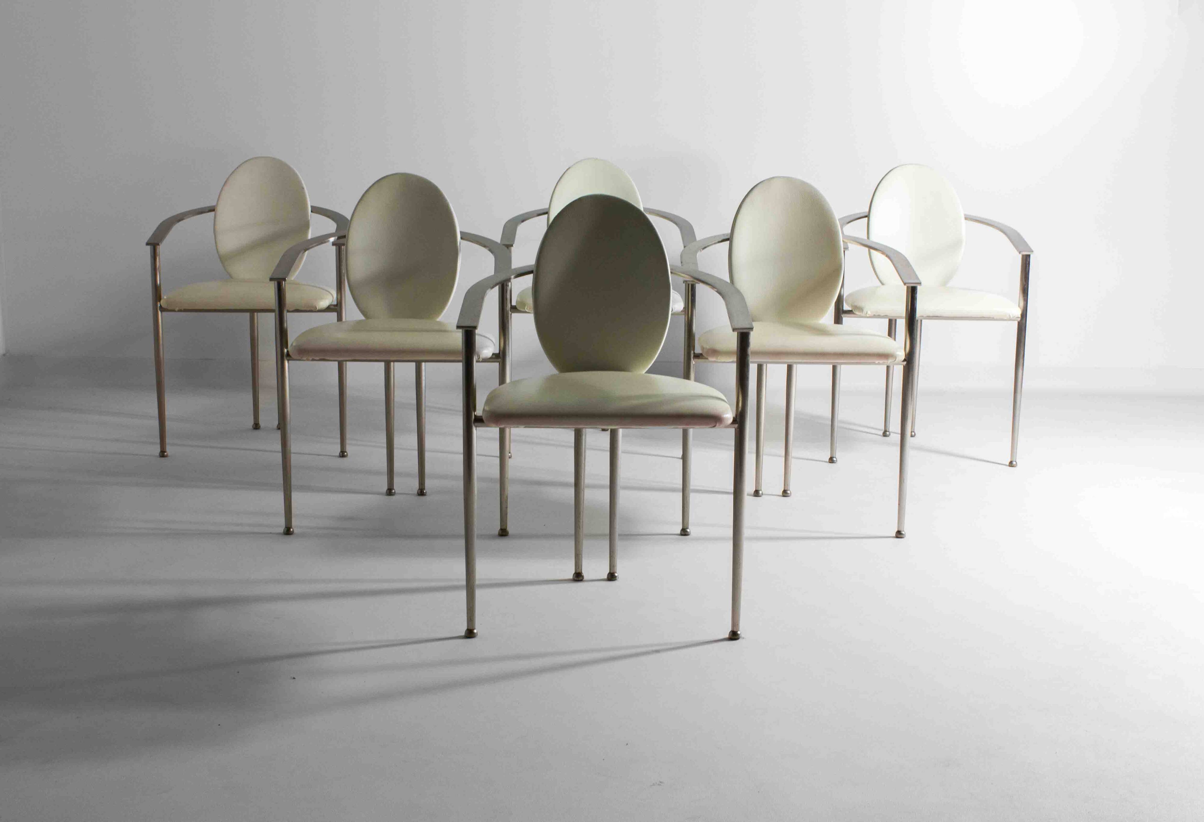 Postmodern dining chairs in steel and white leather, Belgium 1980s