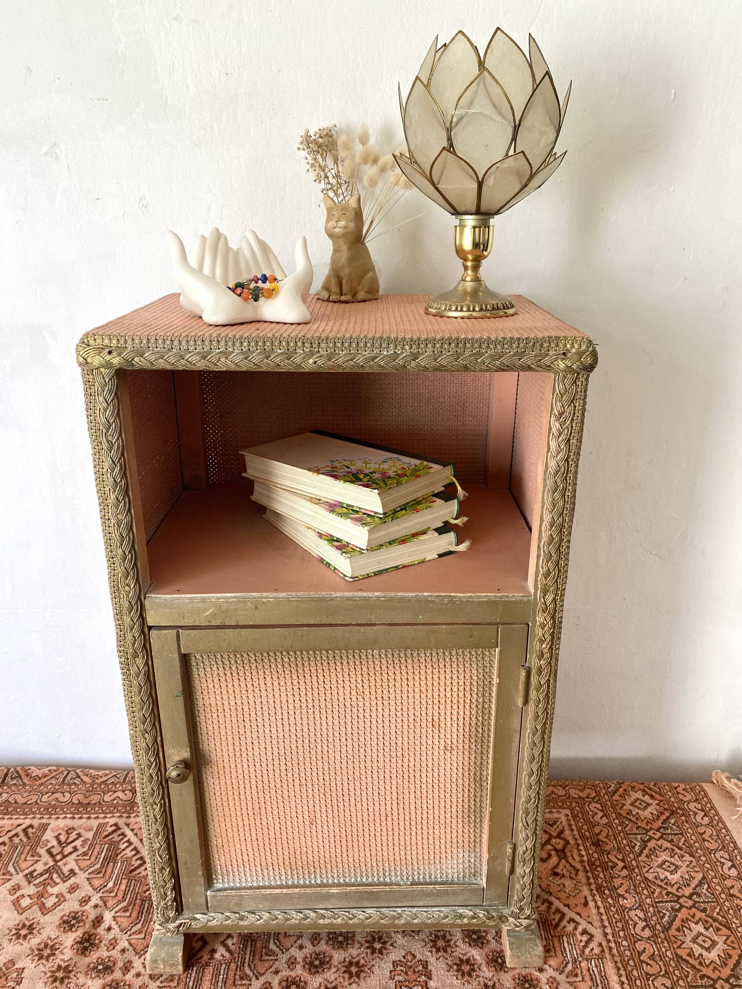 60s pink and gold Lloyd loom bedside table