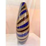 Artistic Italian vase in beige hand-made Murano glass with blue and brown R.