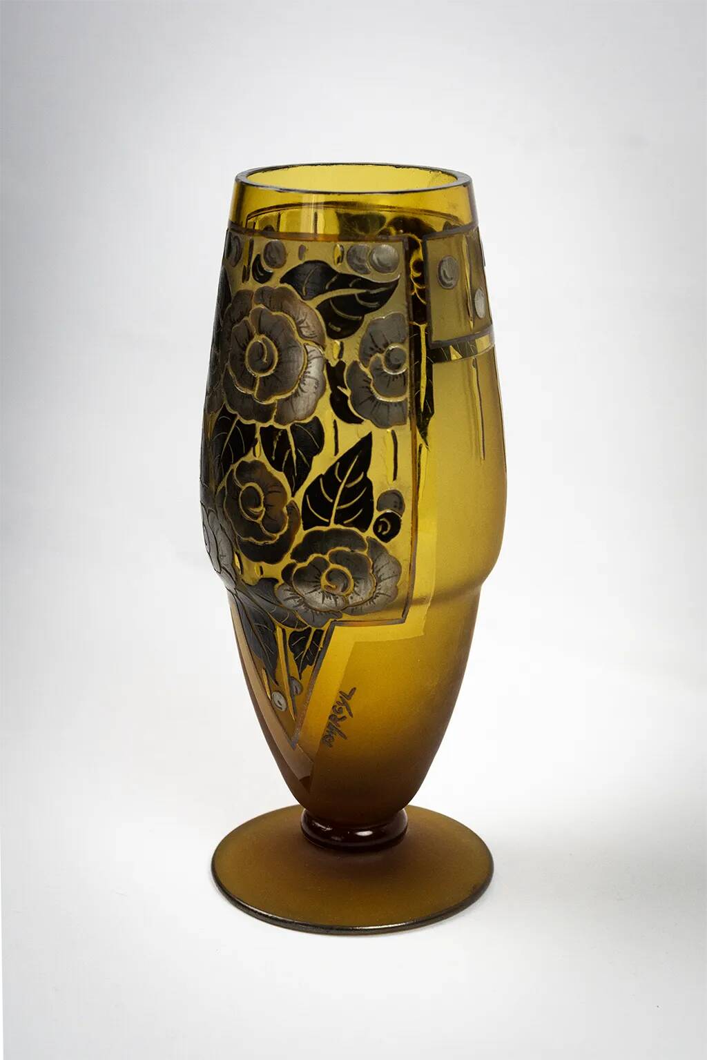 Art Deco vase in amber glass with acid-etched floral decoration – D'Argyl