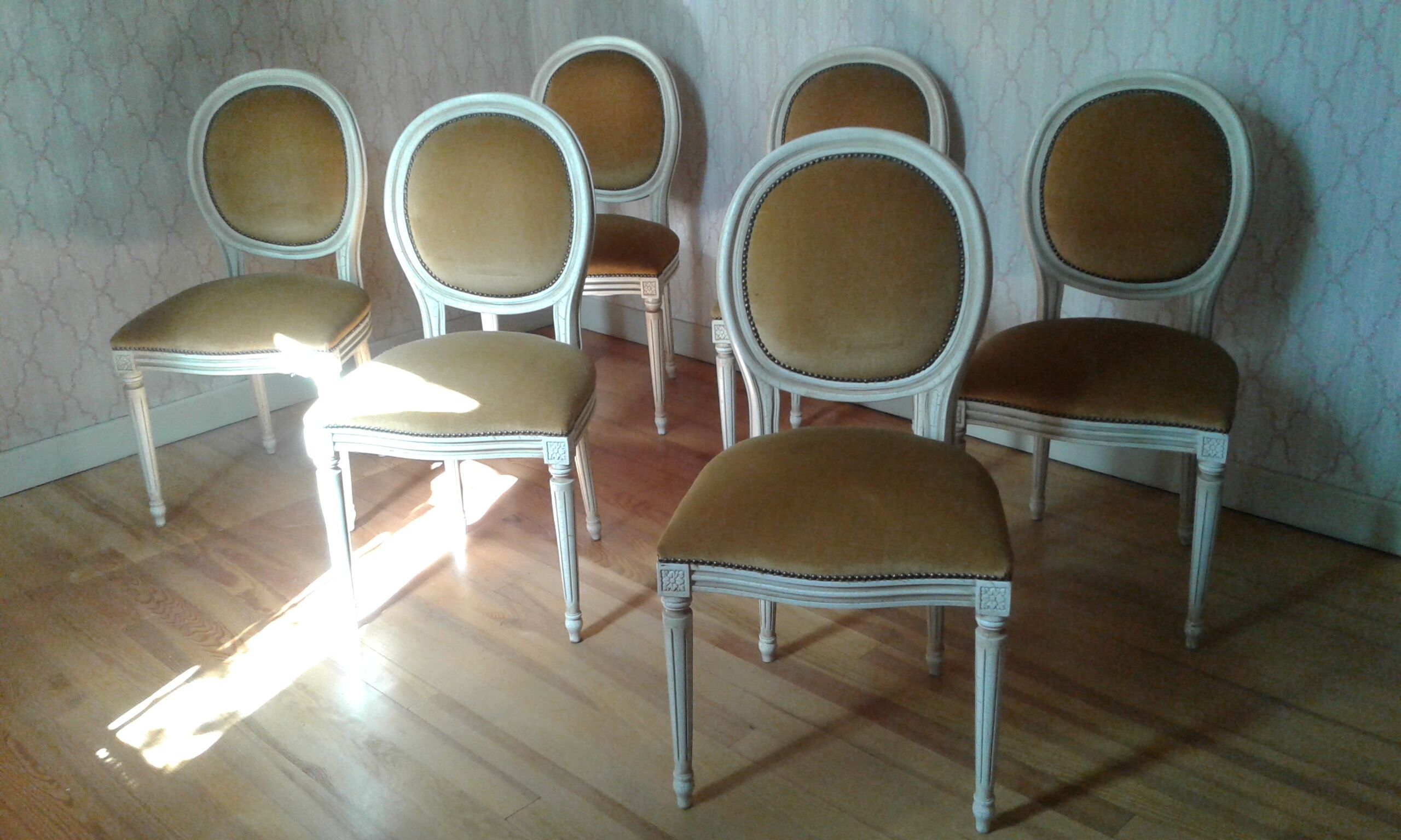 6 chaises medaillon style Louis XVI en velours orangé