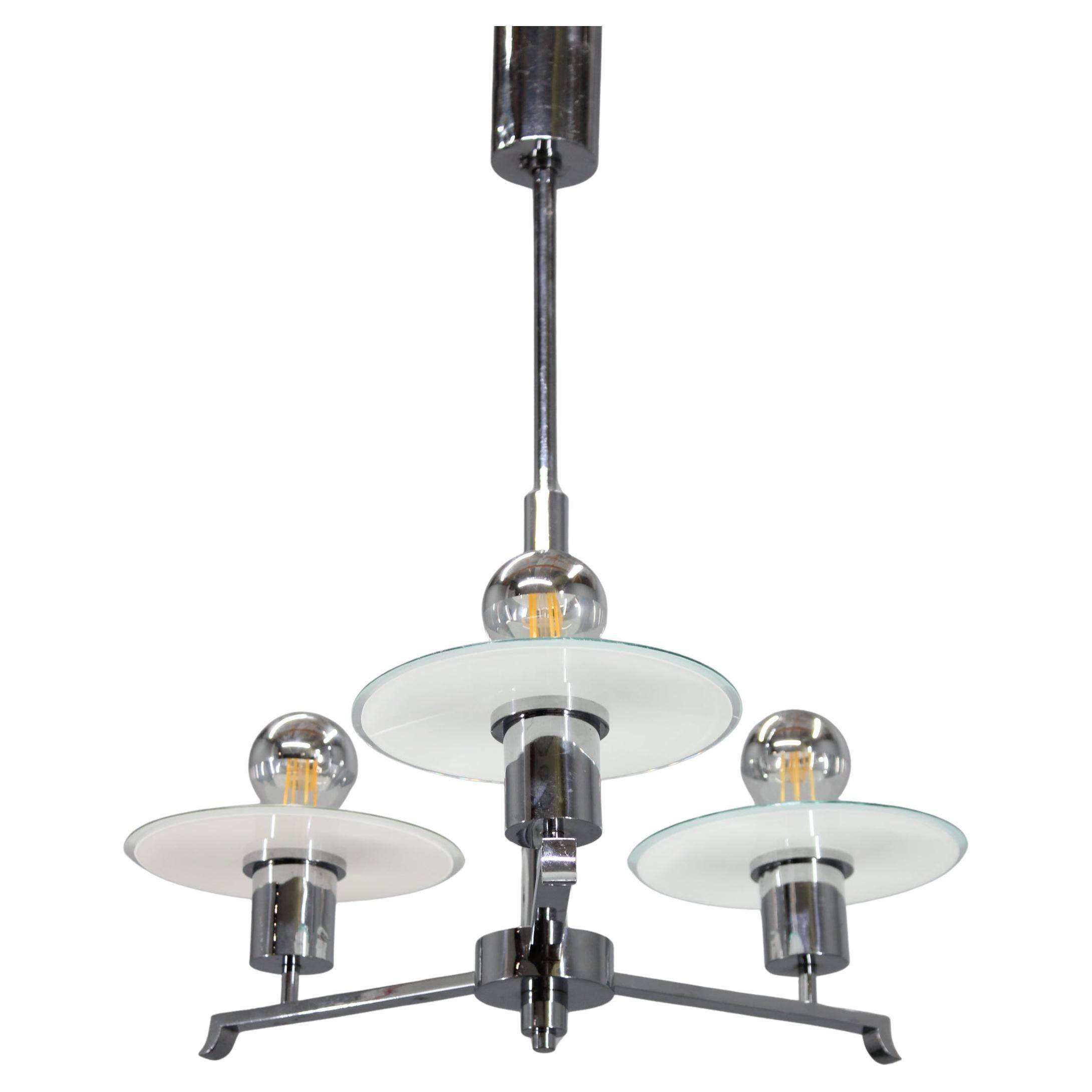 Art Deco chrome and sandblasted glass chandelier, Czechoslovakia, 1940s