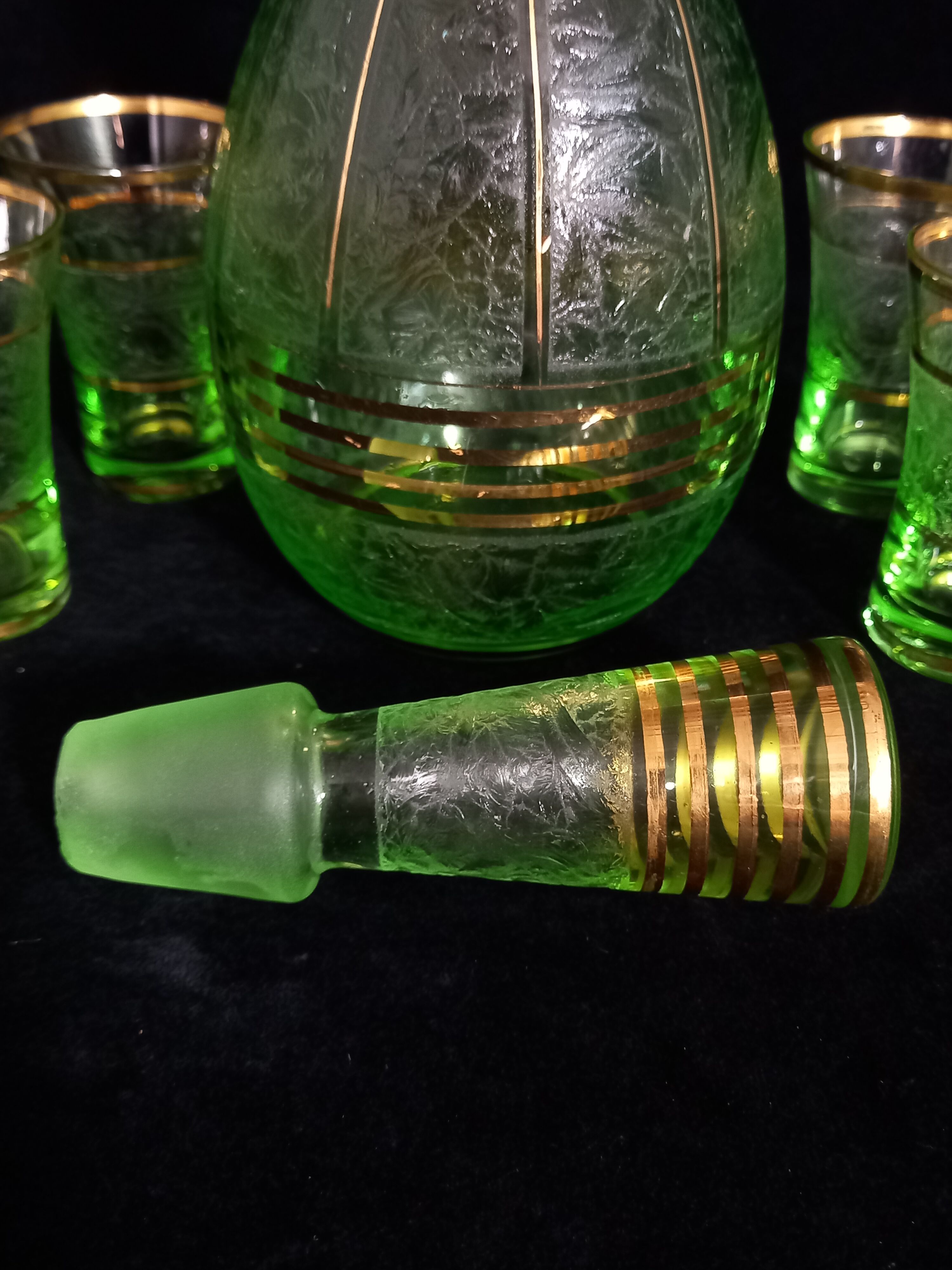 Art deco liqueur service in light green frosted glass