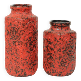 Set of 2 Red Fat Lava Vases Scheurich Jura West Germany