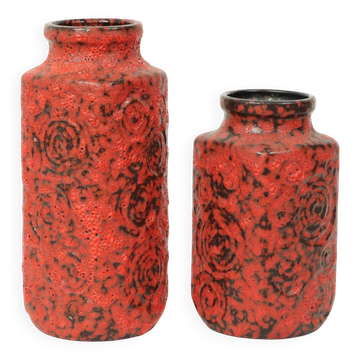 Set of 2 Red Fat Lava Vases Scheurich Jura West Germany