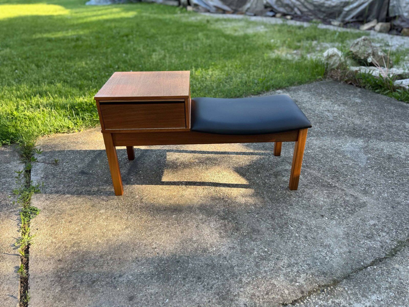 Vintage teak telephone bench with vinyl seat, 1960s