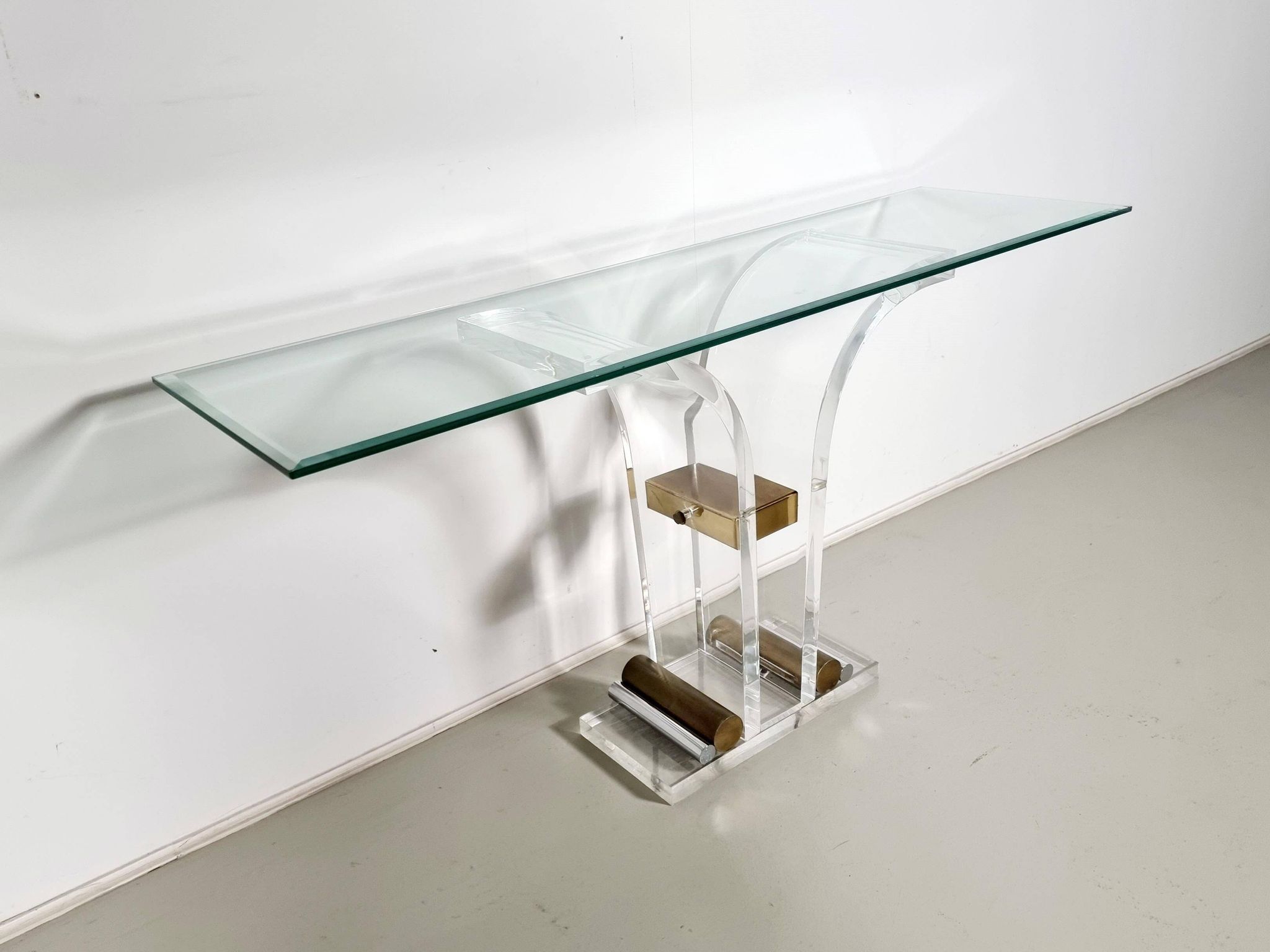 Console table by Charles Hollis Jones in lucite, brass, and glass, 1970.