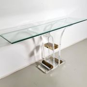 Console table by Charles Hollis Jones in lucite, brass, and glass, 1970.