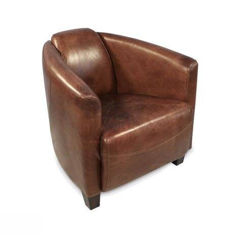 Brown leather club chair with its pouffe.