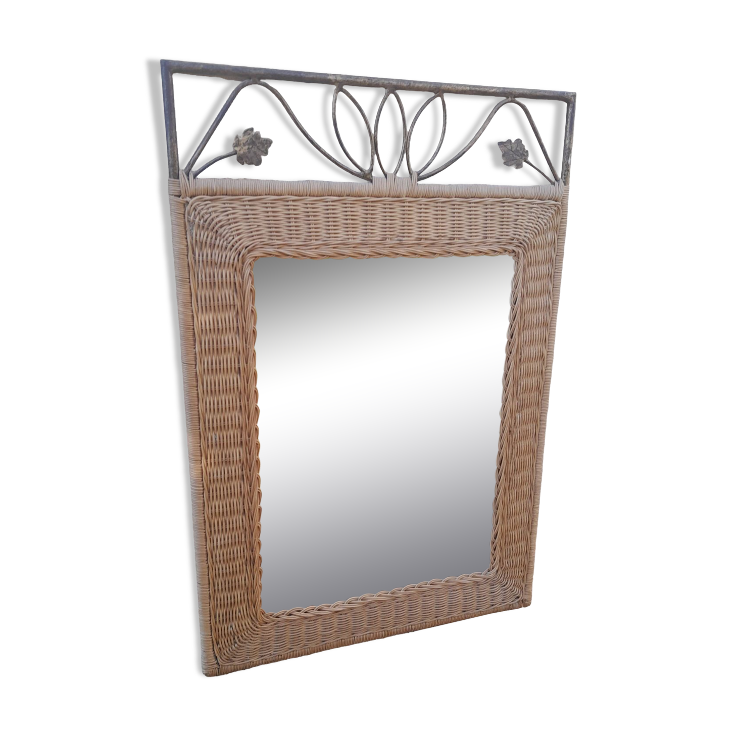 Vintage rattan and wrought iron mirror