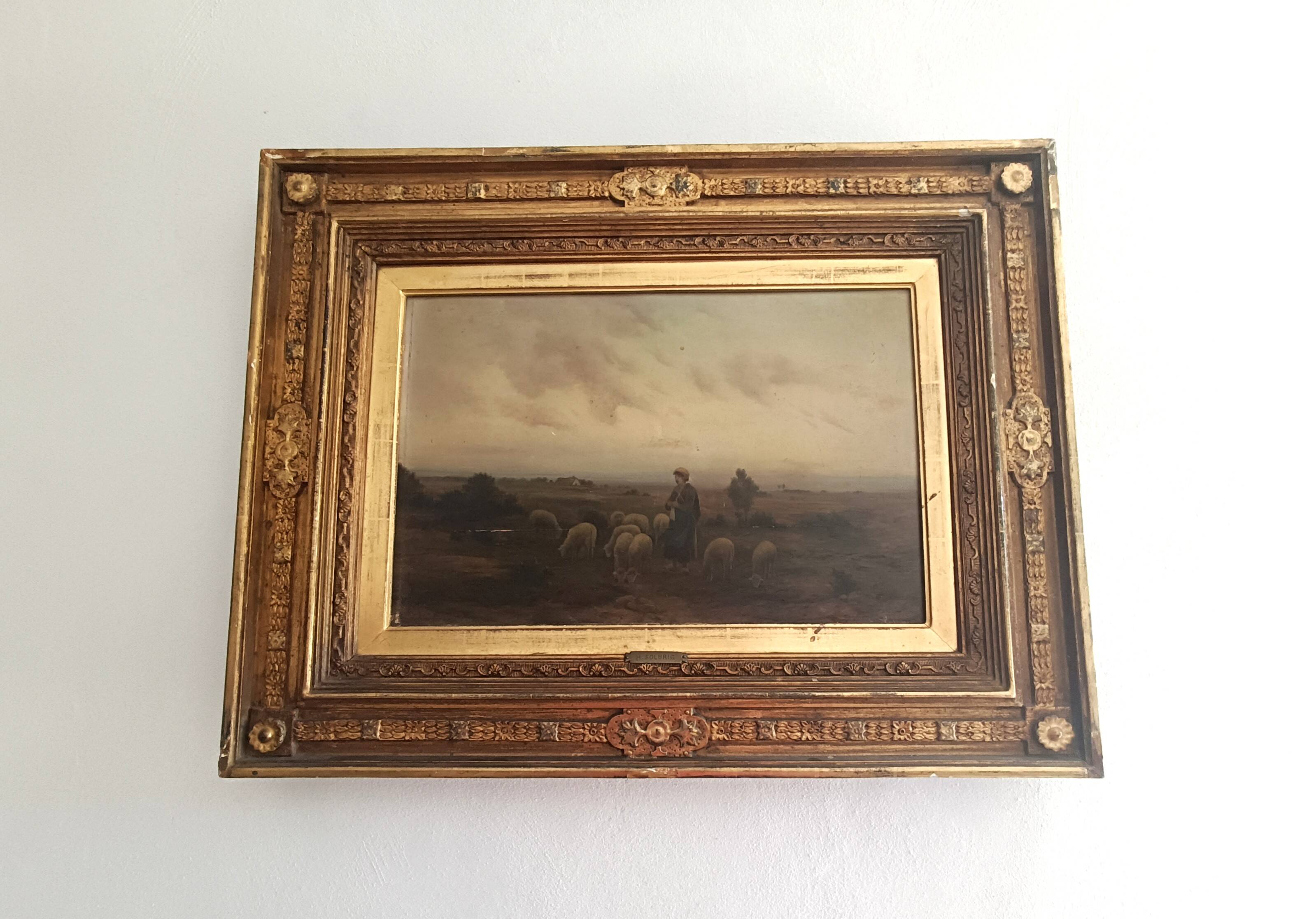 Hermann solbrig (1853-1942) painting, oil on panel, shepherdess and her troupe