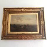 Hermann solbrig (1853-1942) painting, oil on panel, shepherdess and her troupe