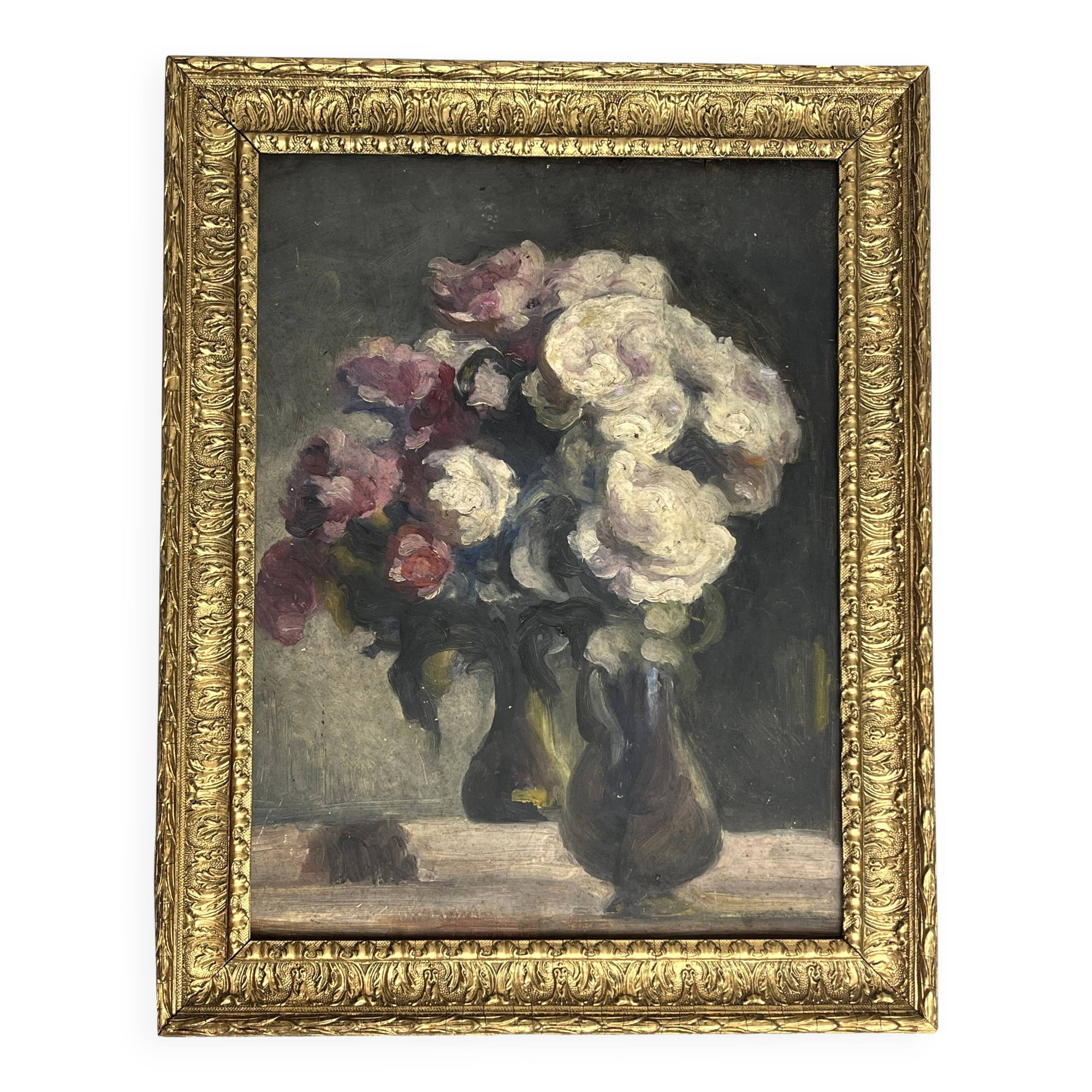Oil on panel still life bouquet signed early 20th century.