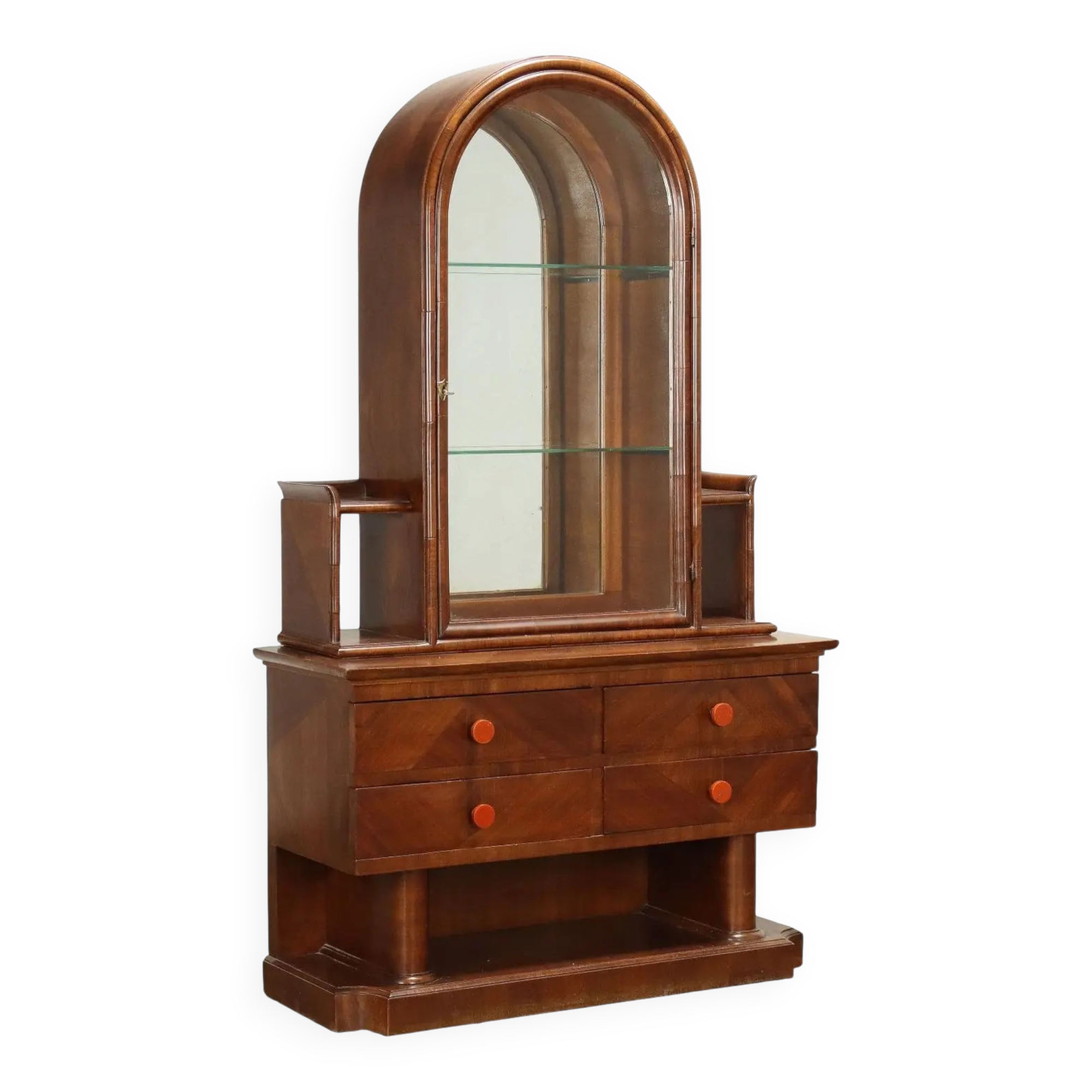 Antique Art Deco display cabinet in walnut with drawers, Italy, 19th century.