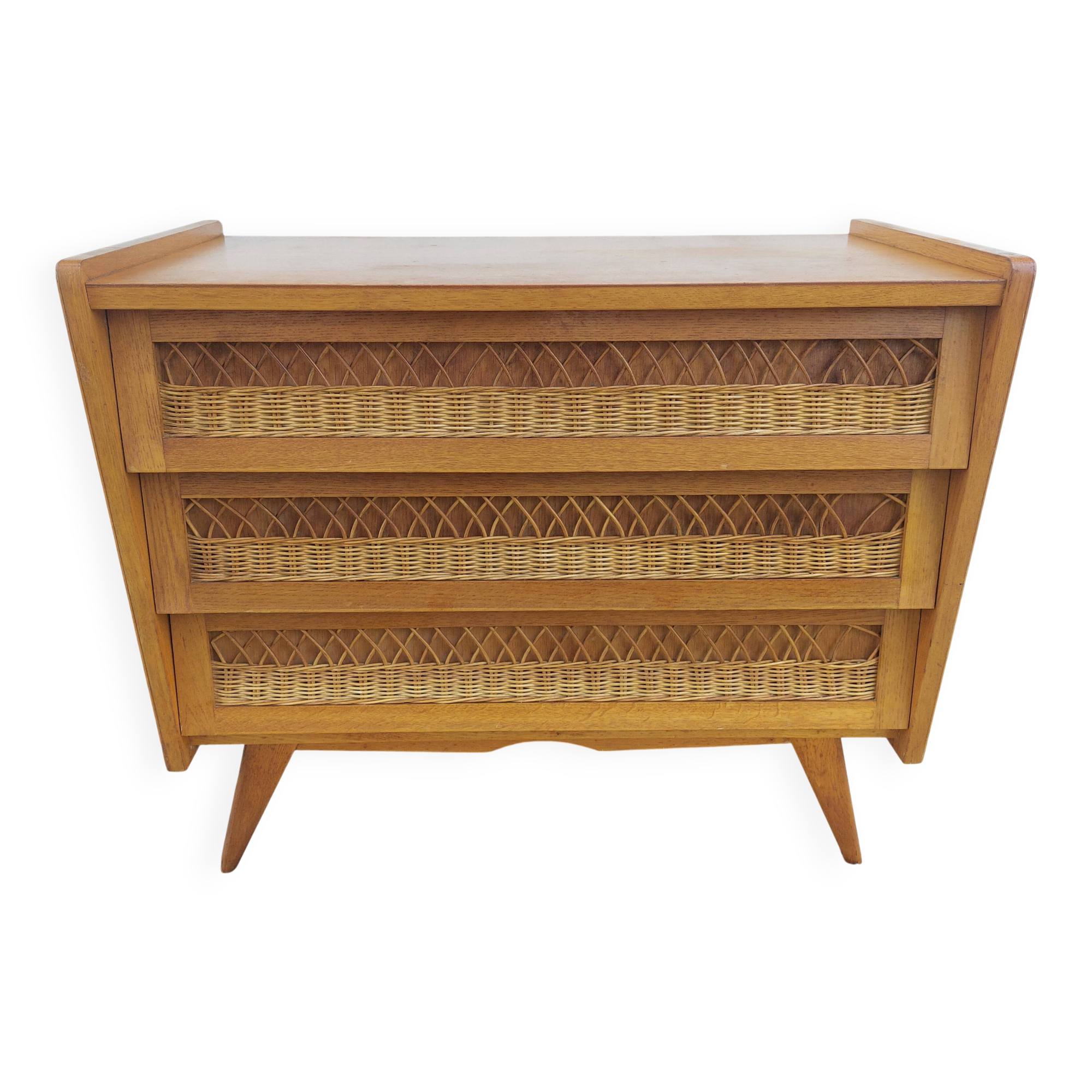 commode pieds compas, osier, vintage