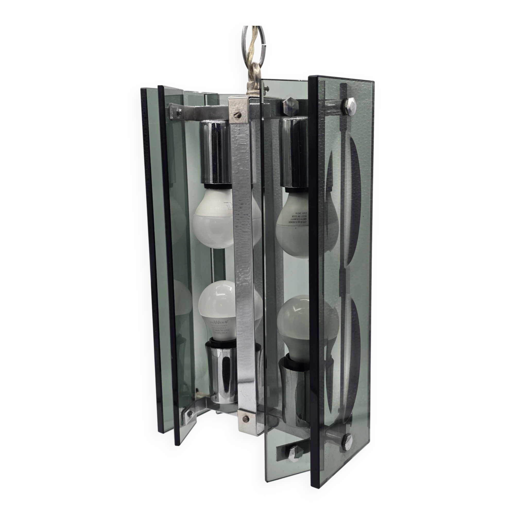 Green-grey glass and chrome metal suspension, in the style of Fontana Arte.