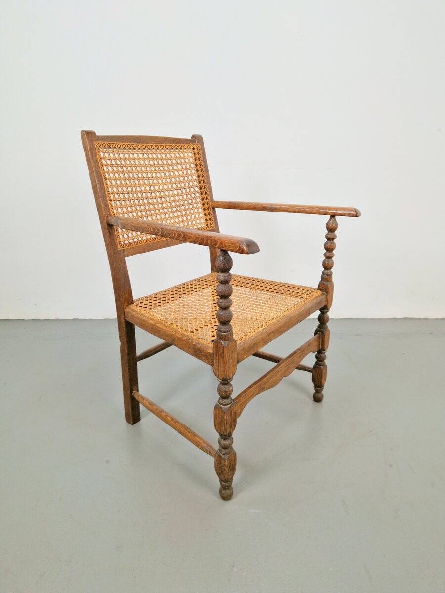 Arts & Crafts Dutch Spool Chair in Oak and Rattan, 1930s