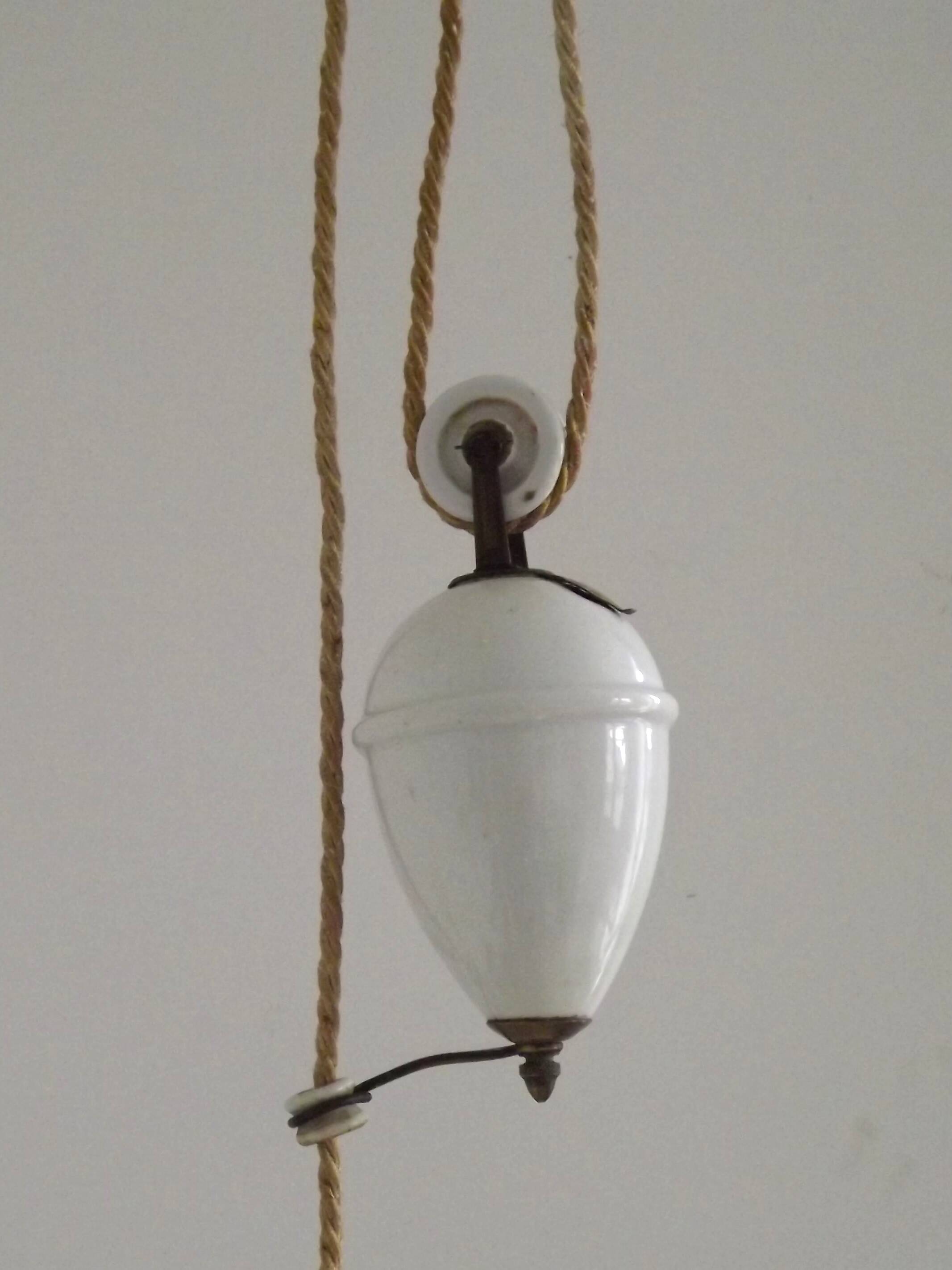 Vintage French Rise & Fall Counterbalance Ceiling Light Opaline Glass Shade
